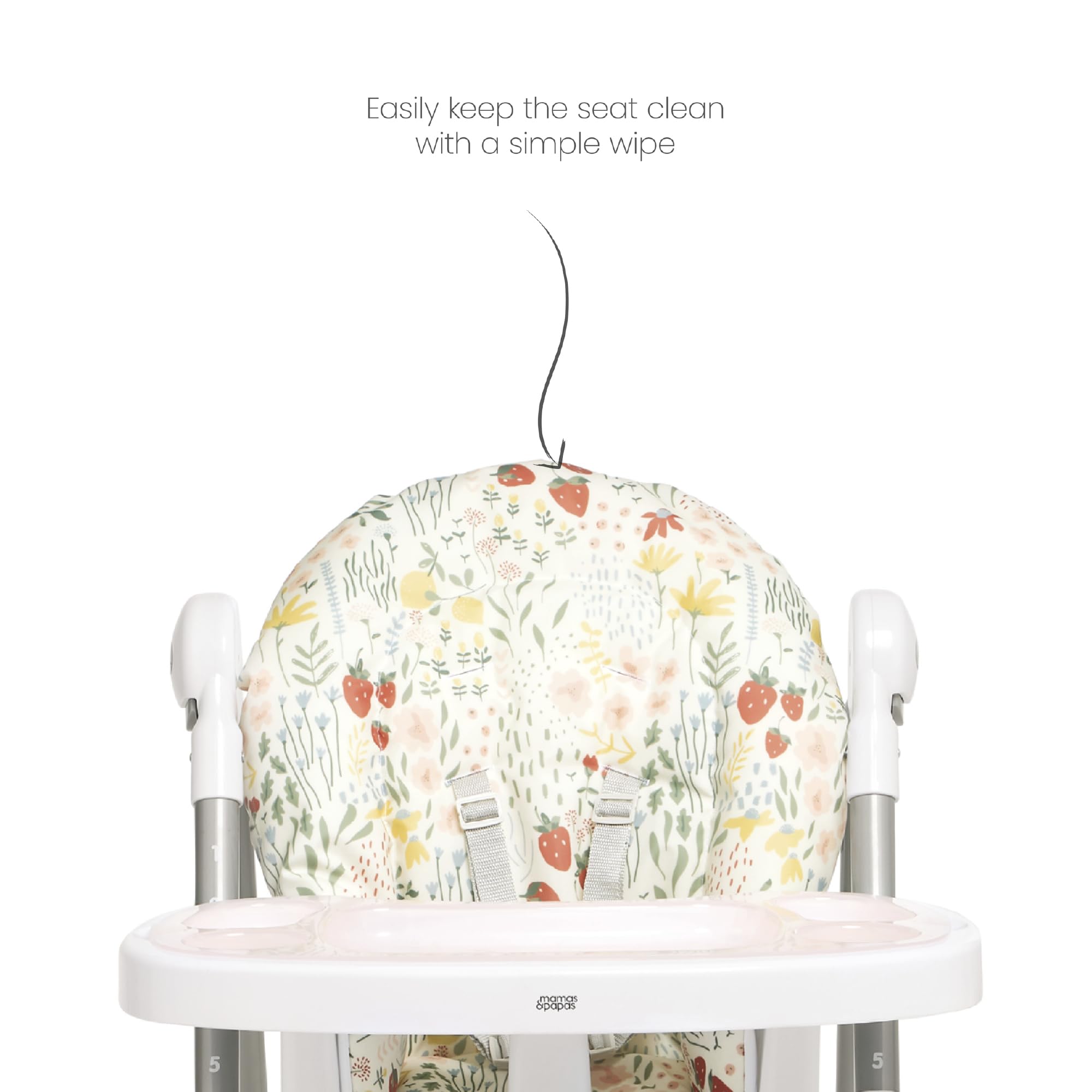 Mamas & Papas Snax Adjustable High Chair with Reclining Seat, Foldable Design & Removable Tray - Fruit Garden Pattern | Baby Feeding Chair for Home, Restaurant & Travel Use