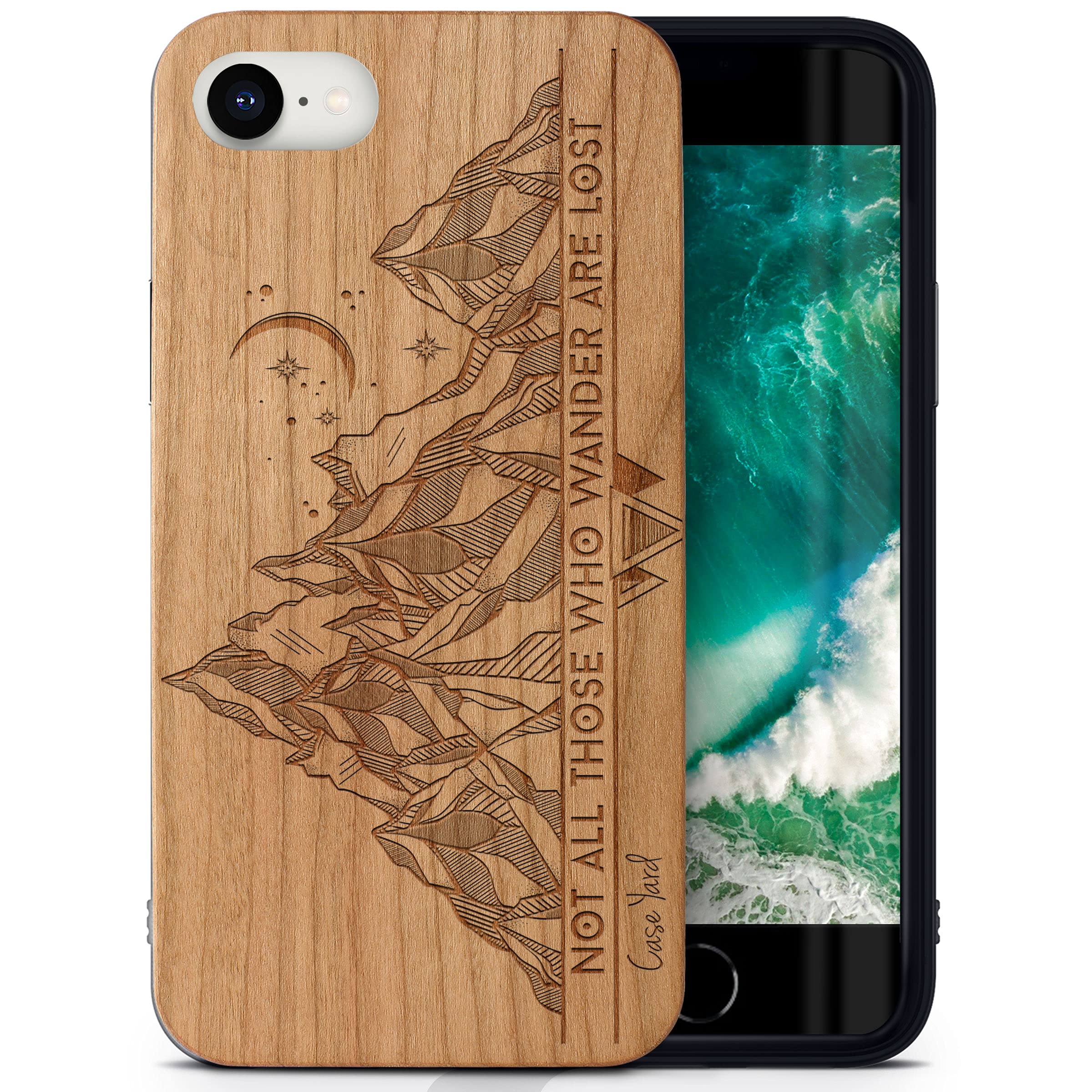 Premium Cherry Wood Phone Case for iPhone SE - Laser Engraved Tribal Mountains Design | Slim Fit Shockproof Protective Cover for Men & Women | Perfect for Outdoor Adventures & Daily Use