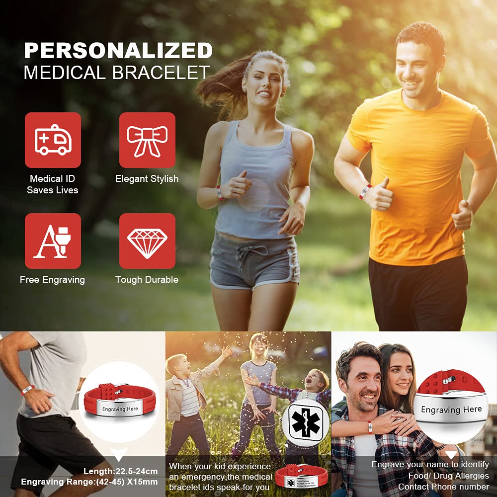 Personalized Silicone Medical Alert ID Bracelet - Adjustable Waterproof Emergency Bracelet for Men & Women - 9 Inches Engraved Sport Safety Wristband - Perfect for Running, Hiking, Cycling & Outdoor Activities