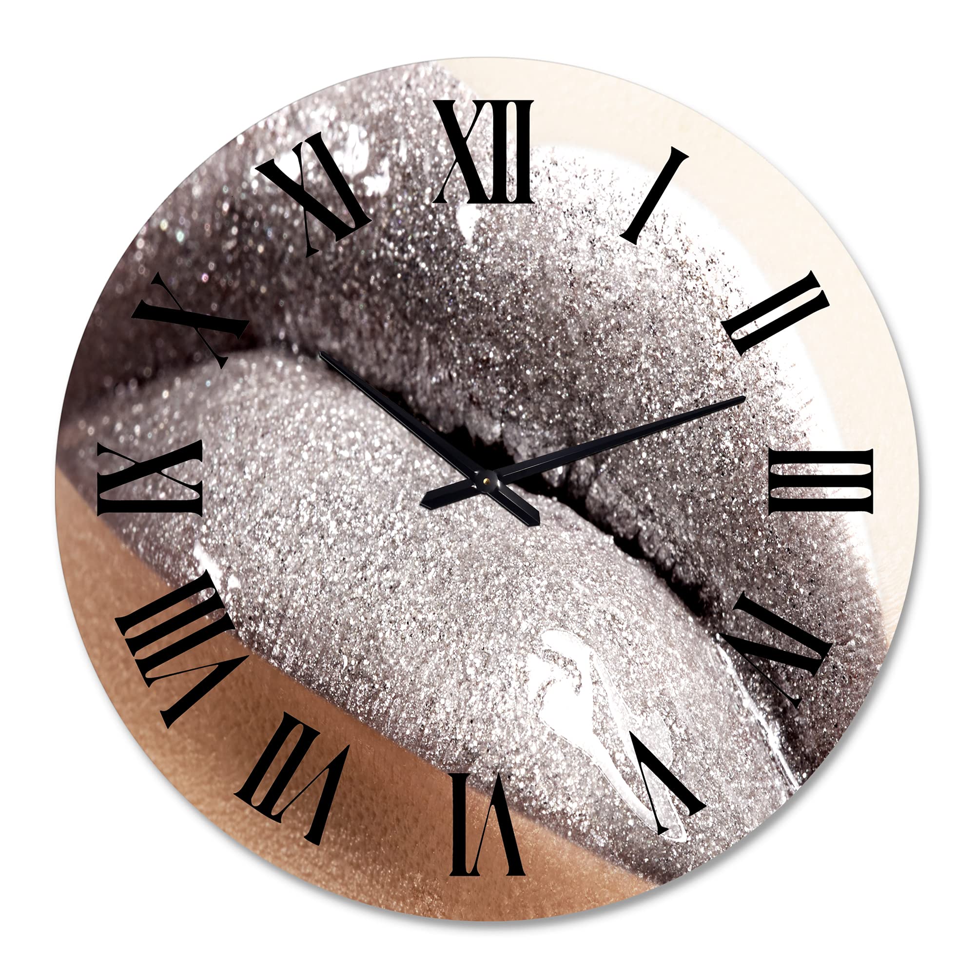 DesignQ Modern Wall Clock - Close Up of Woman Lips with Glittering Silver - Large Decorative Wall Clock for Living Room, Bedroom, Office - Perfect Home Decor & Unique Gift Idea