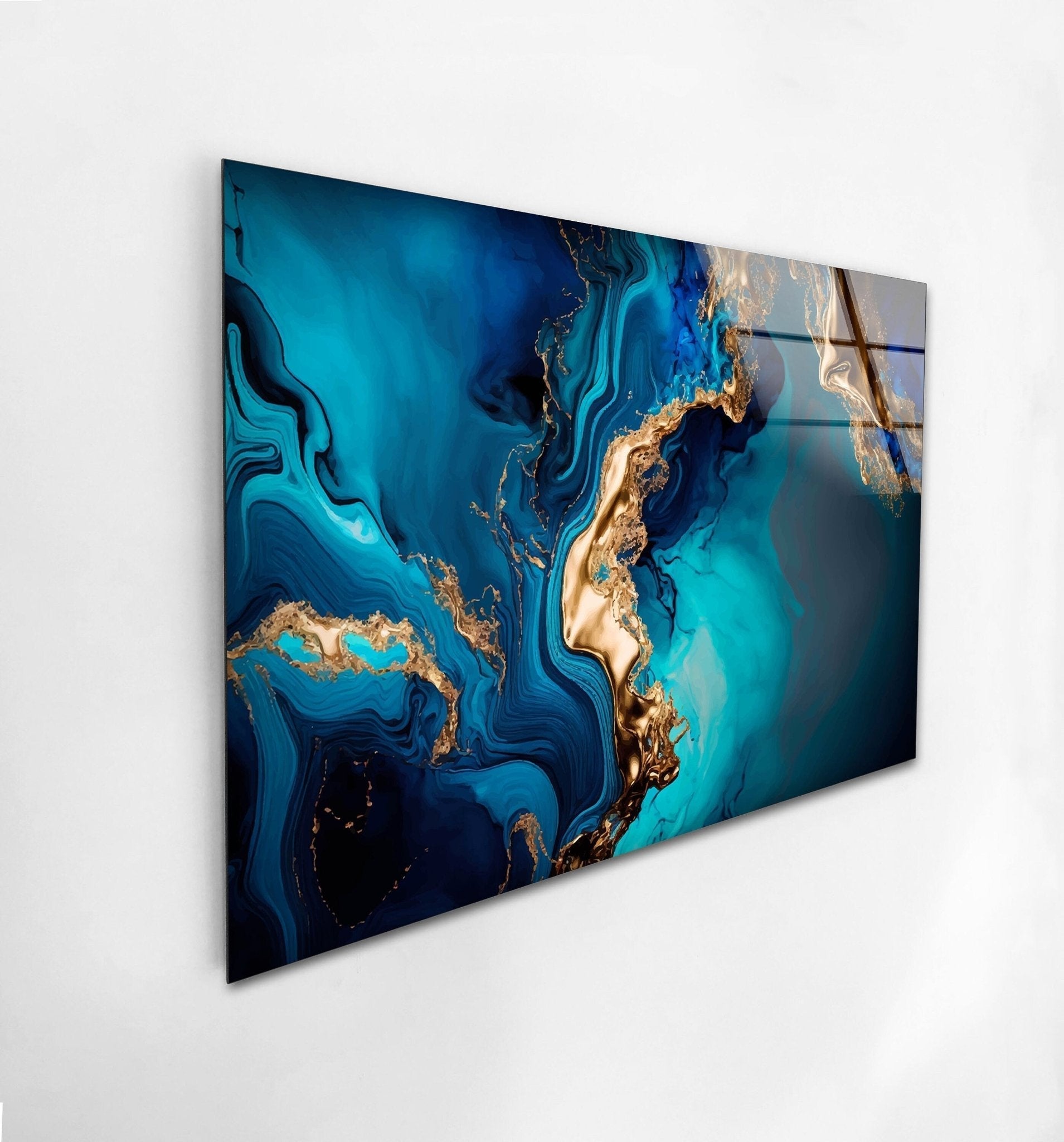 Abstract Turquoise Marble Glass Wall Art - Modern Home Decor for Living Room, Bedroom & Office - Handmade Blue and White Marbleized Glass Panel