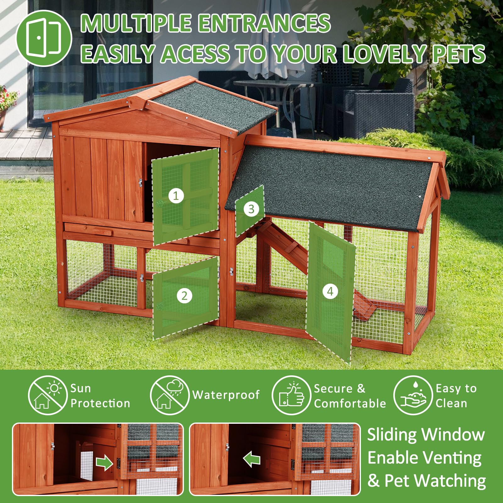 54'' Rabbit Hutch Indoor Outdoor - 2-Story Wooden Rabbit Cage & Chicken Coop for Guinea Pigs - Pet House with Run, Pull-Out Tray & Asphalt Roof - Perfect for Backyard, Garden or Patio Small Animal Shelter