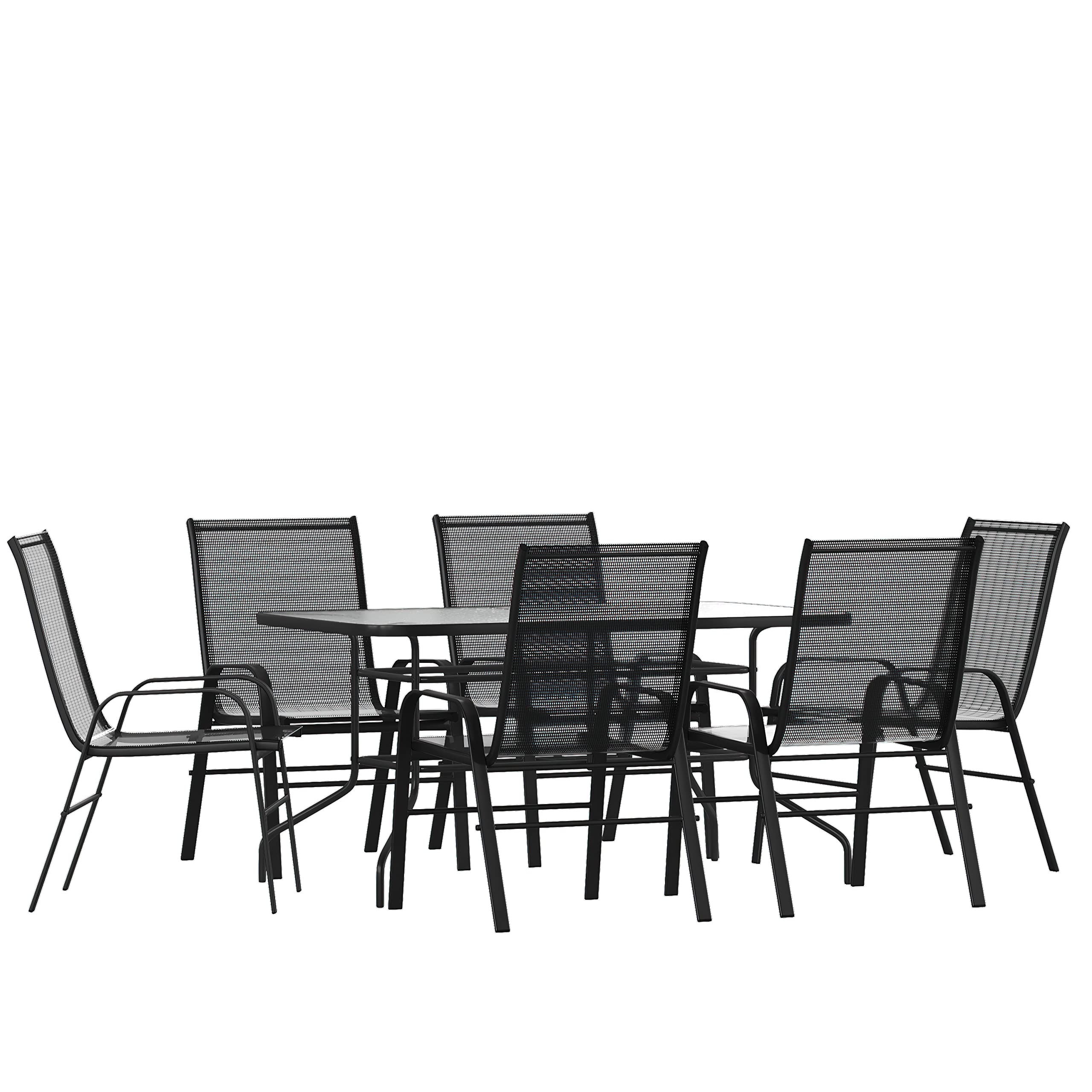7-Piece Outdoor Patio Dining Set with 6 Black Flex Comfort Stackable Chairs & 55