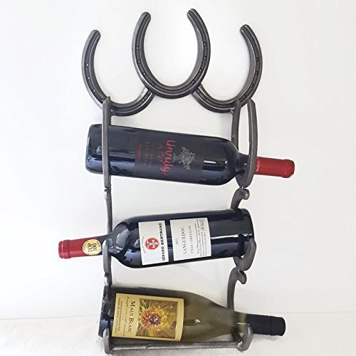 Heritage Forge Horseshoe Wine Bottle Holder - Rustic Metal Rack for 3 Bottles - Perfect for Kitchen, Bar, Dining Room, and Wine Cellar Decor