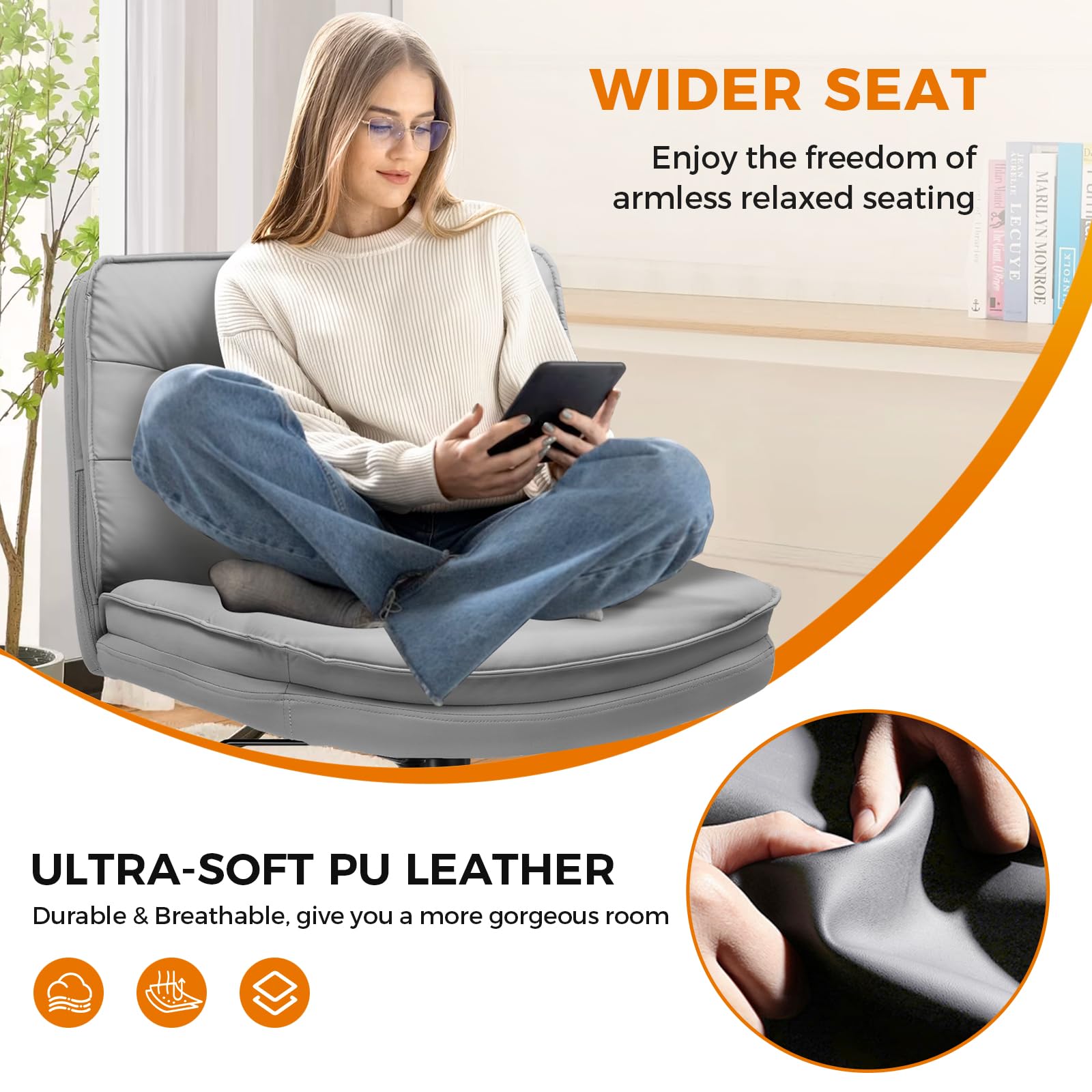 Criss Cross Legged Office Chair with Wheels - Armless Swivel Desk Chair, Wide Seat & Height Adjustable for Home Office, Computer Task, Vanity - Perfect for Cross-Legged Sitting, Work from Home & Gaming