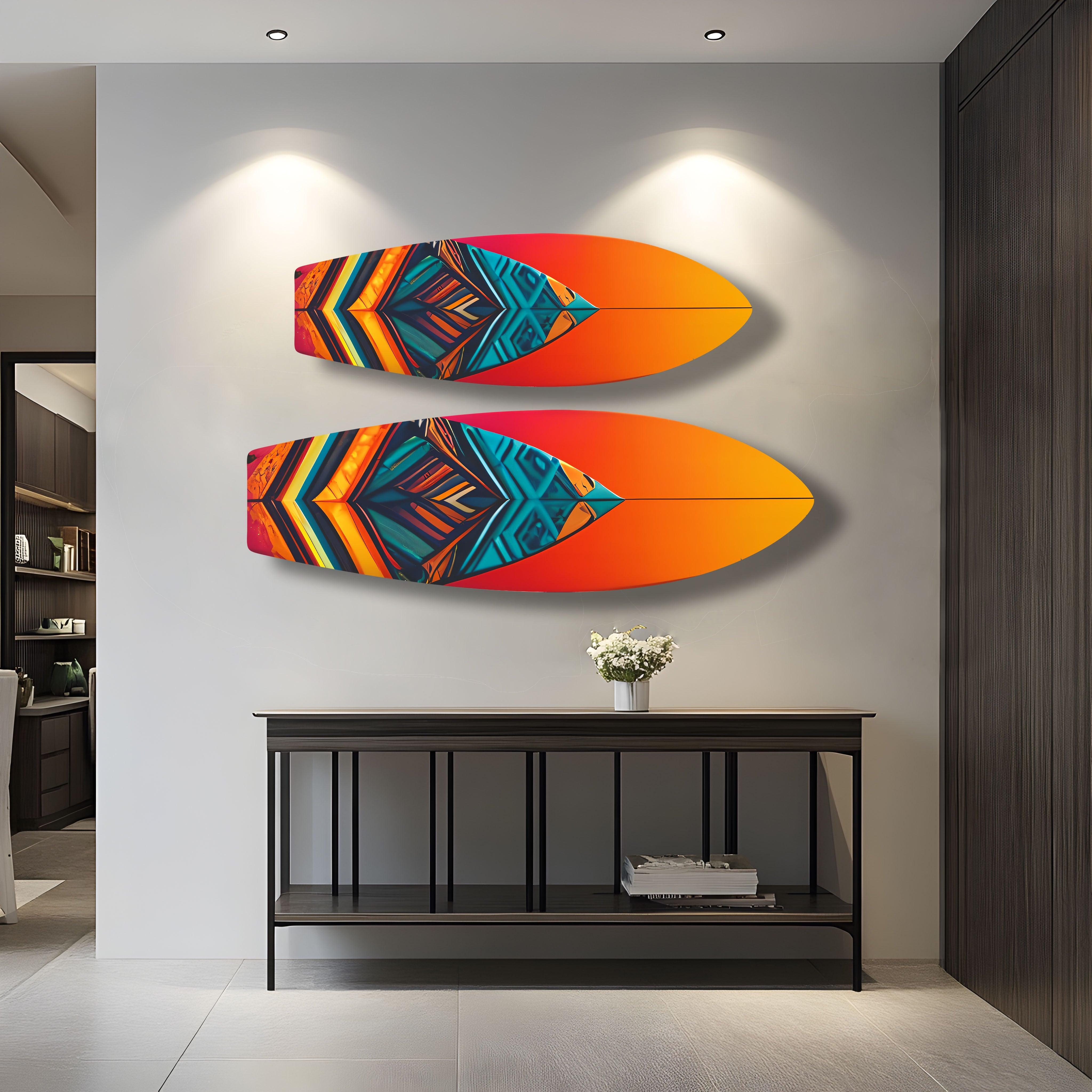 Blue Orange Details Surfboard Wall Art - Coastal Beach Decor for Living Room, Bedroom & Office - Perfect Surfing Theme Home Décor
