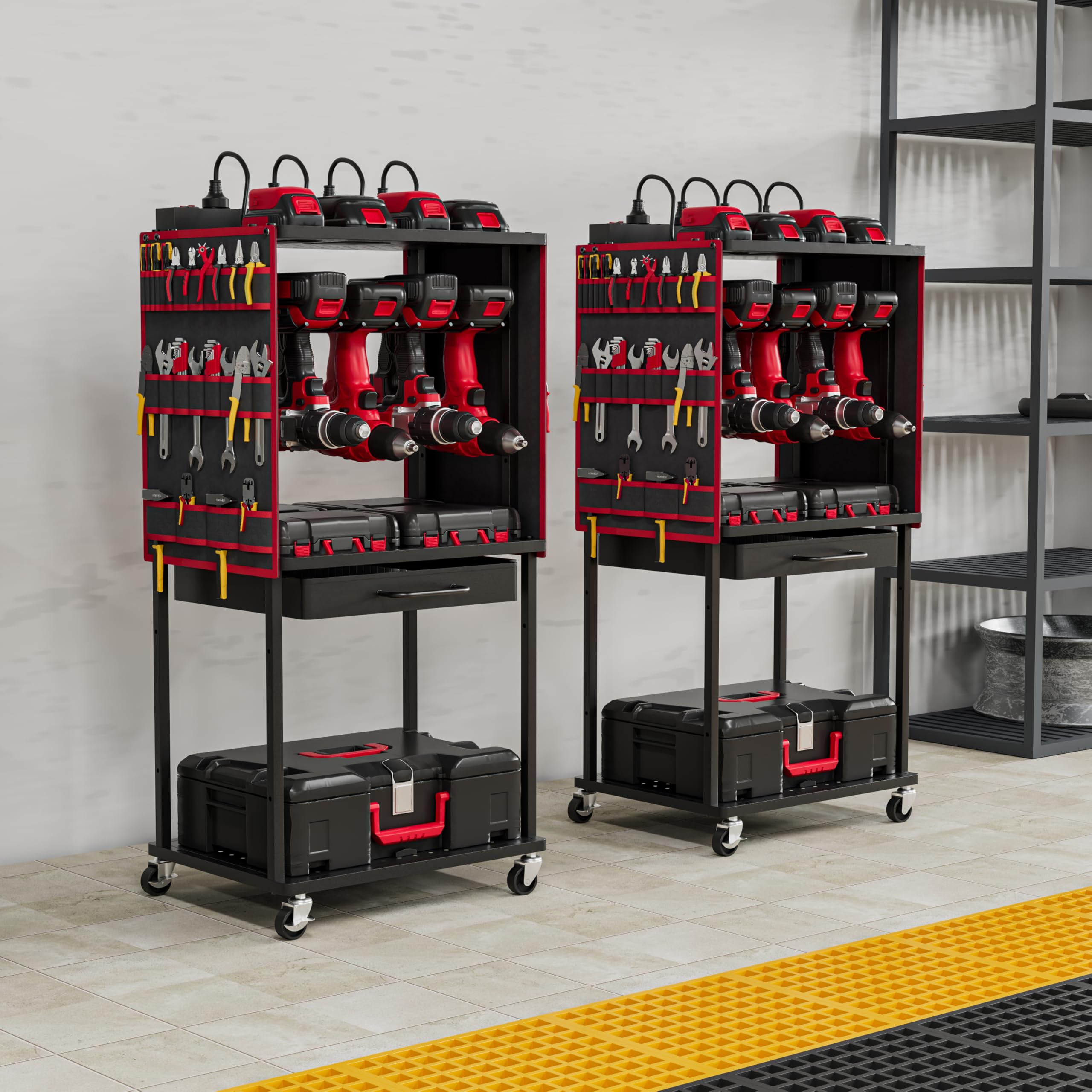 Heavy-Duty Power Tool Organizer Cart with 8-Outlet Charging Station | Mobile Tool Storage with DIY Drawer, Wheels & Power Strip | Utility Rack for Power Tools, Batteries & Repair Equipment (Red) | Perfect for Garage Workshops, Construction Sites & DIY Projects