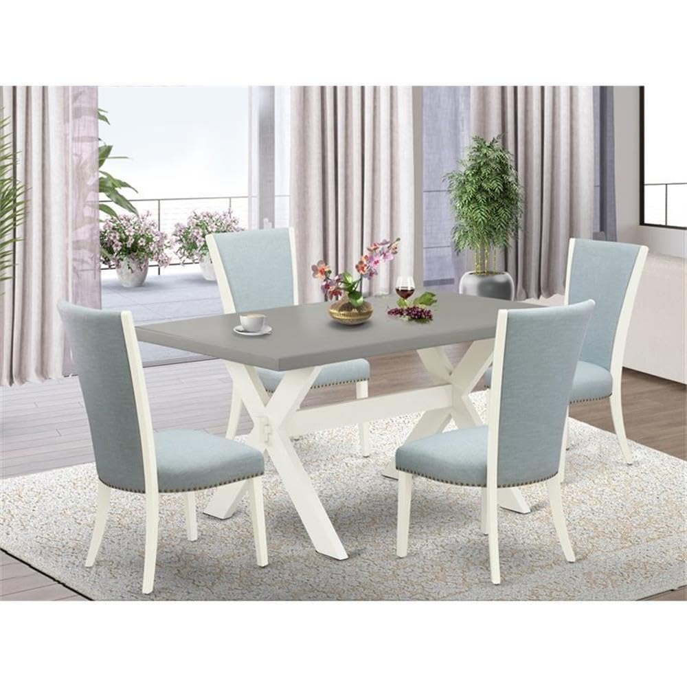 East West Furniture X096VE215-5 5-Piece Dining Room Set - 36x60 Inch Rectangle Kitchen Table with X-Legs & 4 Baby Blue Linen Fabric Chairs - Perfect for Small Spaces, Breakfast Nooks & Cozy Family Meals