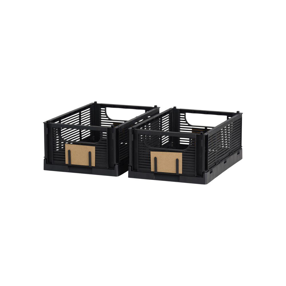 DESIGNSTUFF Linear Collapsible Storage Crate Set of 2 - 25x16cm Small Black Foldable Organizer Bins for Home, Office, Closet & Garage Organization