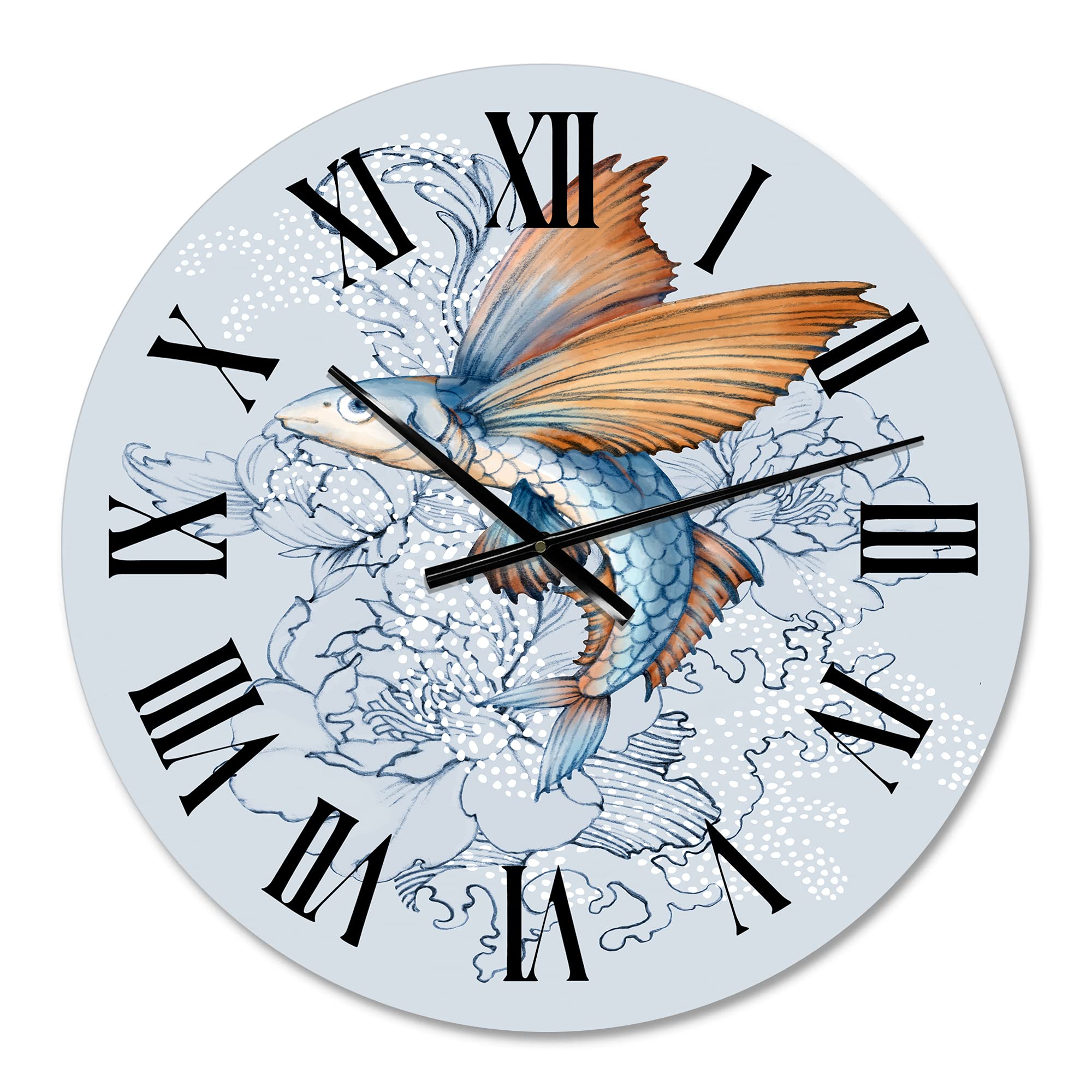 Flying Fish On Peonies Large Wall Clock - Traditional Chinese Style Decorative Clock for Home, Office & Living Room | Perfect for World Culture Decor & Gift Giving