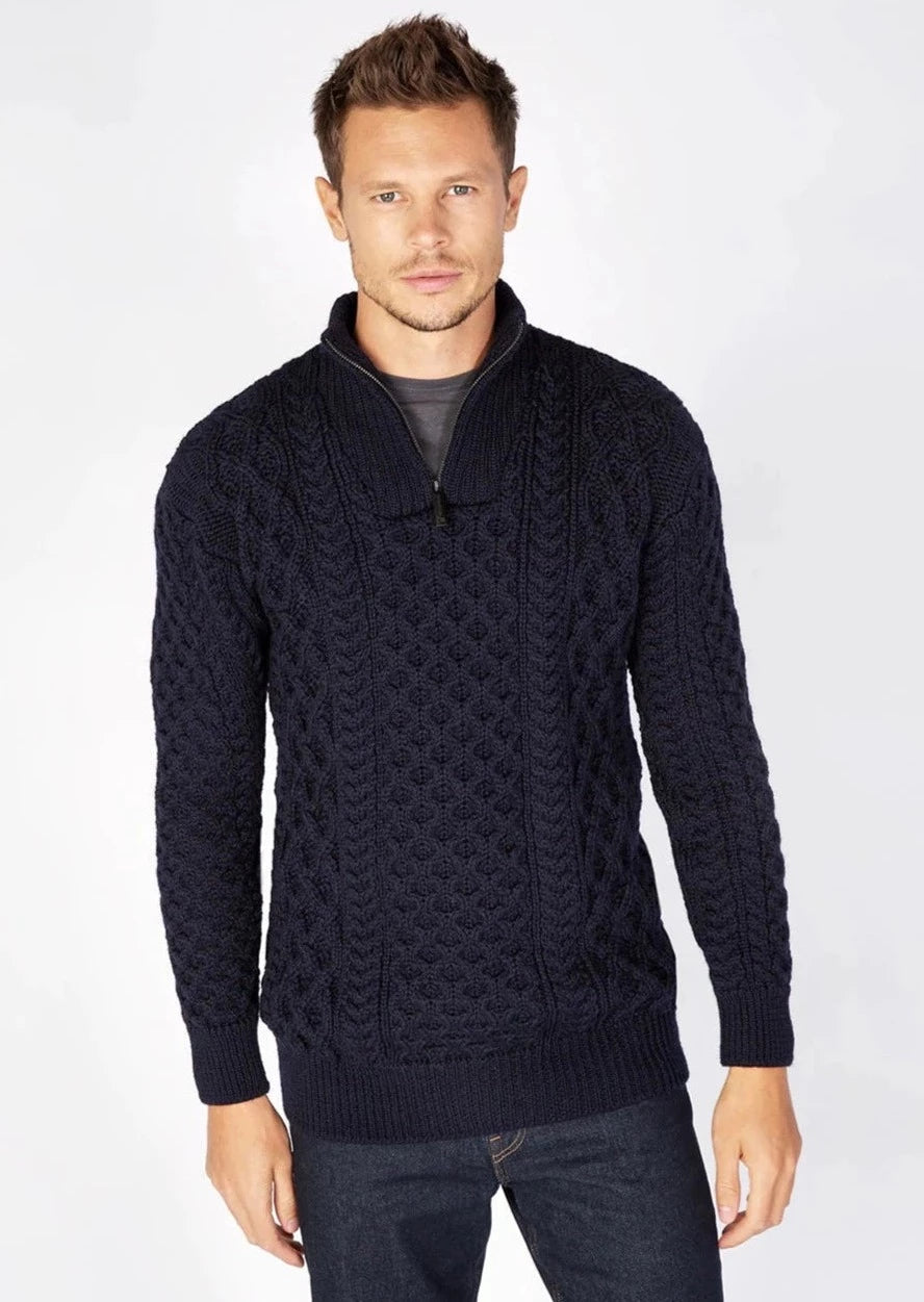 Ireland's Eye Men's Dromore Aran Sweater - 100% Wool Cable Knit Irish Sweater for Men | Warm Winter Pullover for Casual Wear & Outdoor Activities (Navy Blue)