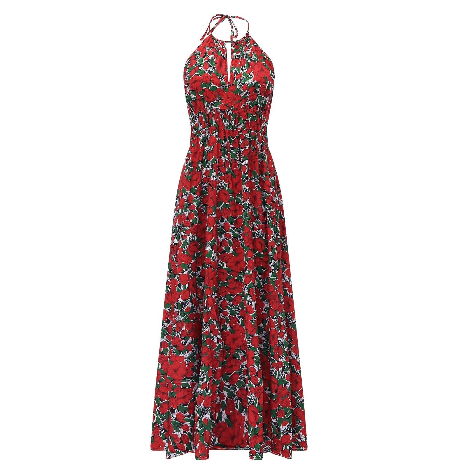 Pimelu Women's Sleeveless Halter Neck Maxi Dress - Casual Ethnic Print Long Sundress with Backless Design & High Elastic Waist | Perfect for Beach Vacations, Summer Parties & Boho Fashion Outfits