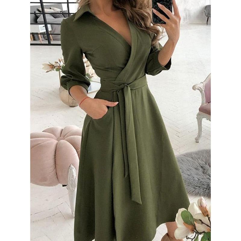 Women's Long Sleeve Casual Dress with Pockets - Comfortable Everyday Wear for Work, Outings & Date Nights
