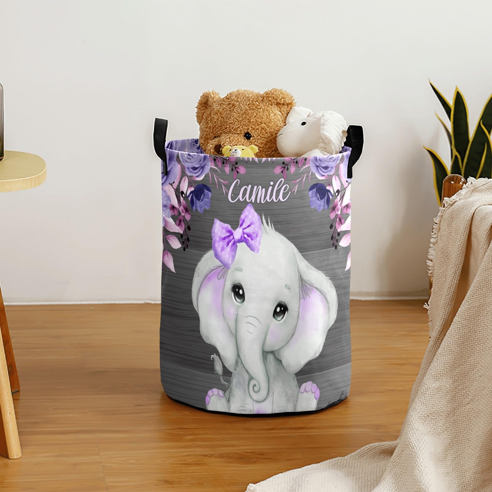 Personalized Purple Cute Elephant Laundry Basket - Waterproof Foldable Clothes Hamper with Handle for Kids Room, Nursery & Toy Storage | Perfect for Baby Clothes, Toys & Home Organization