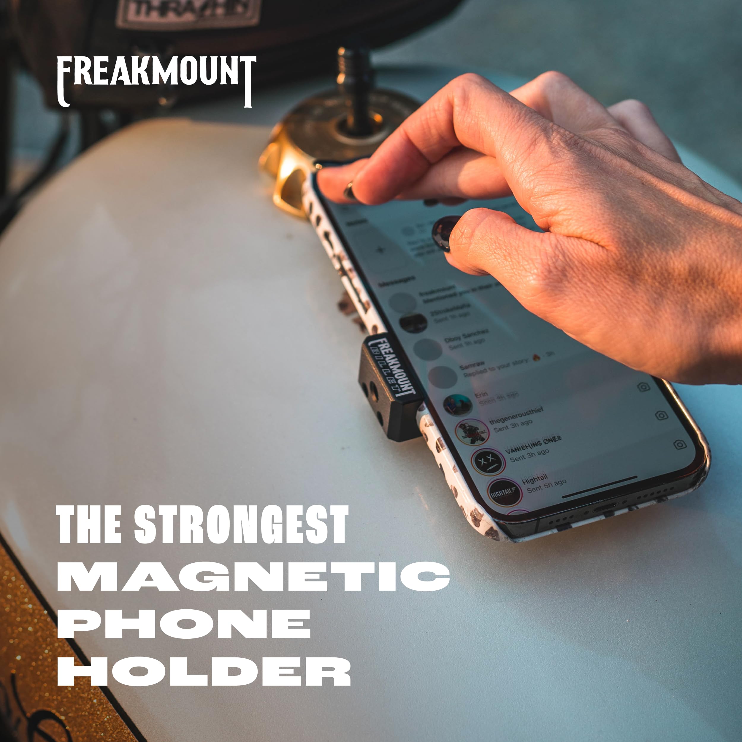 FREAKMOUNT Magnetic Motorcycle Phone Mount for Harley Davidson - Premium Billet Aluminum Phone Holder for Gas Tank - Strong Magnet Phone Accessories for High-Speed Riding - Universal Fit for Most Smartphones in Carbon Grey - Perfect for Adventure Riding, Commuting & GPS Navigation