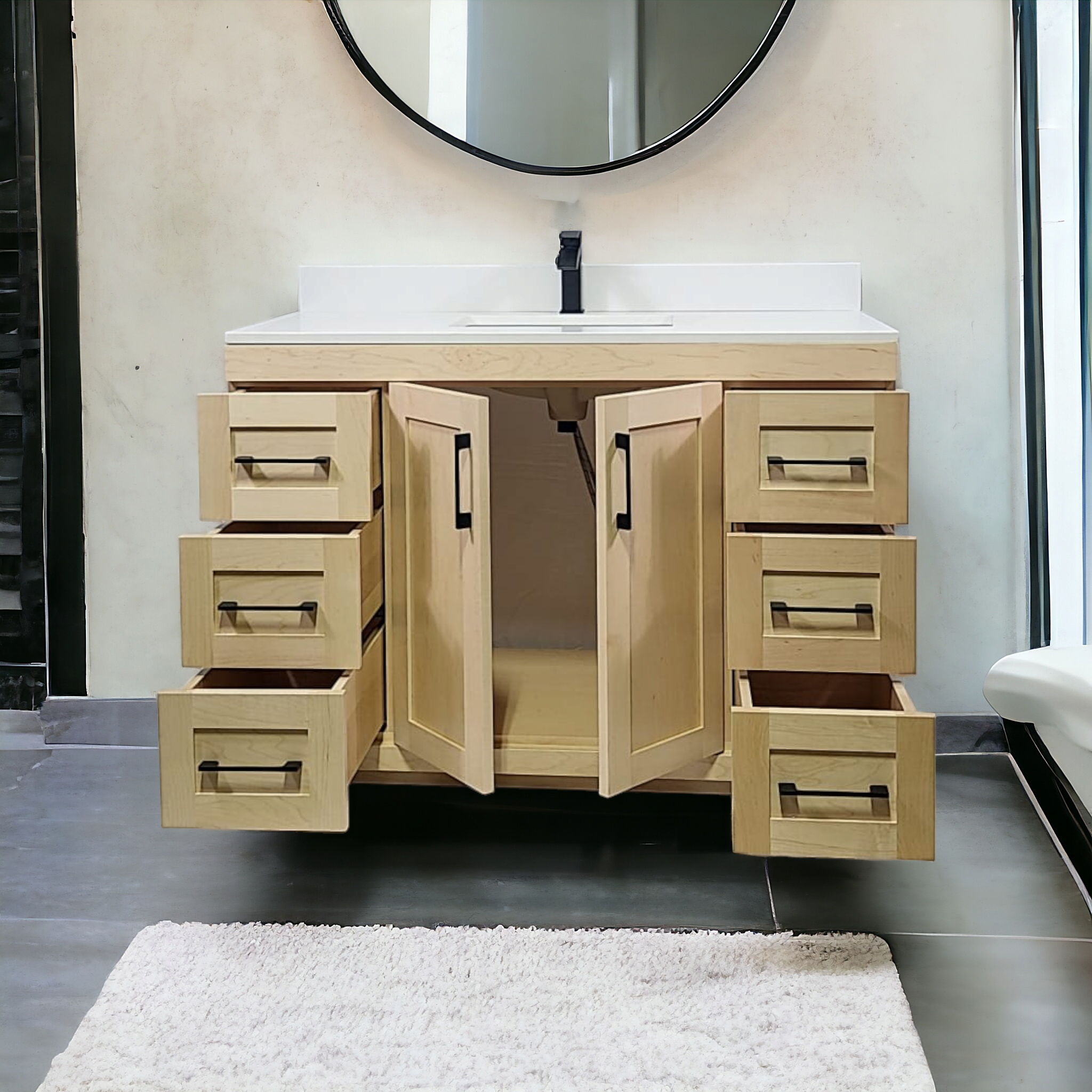 Natural Stain Bathroom Vanity with White Quartz Countertop - Canadian Maple 42 - Perfect for Modern Bathrooms & Powder Rooms