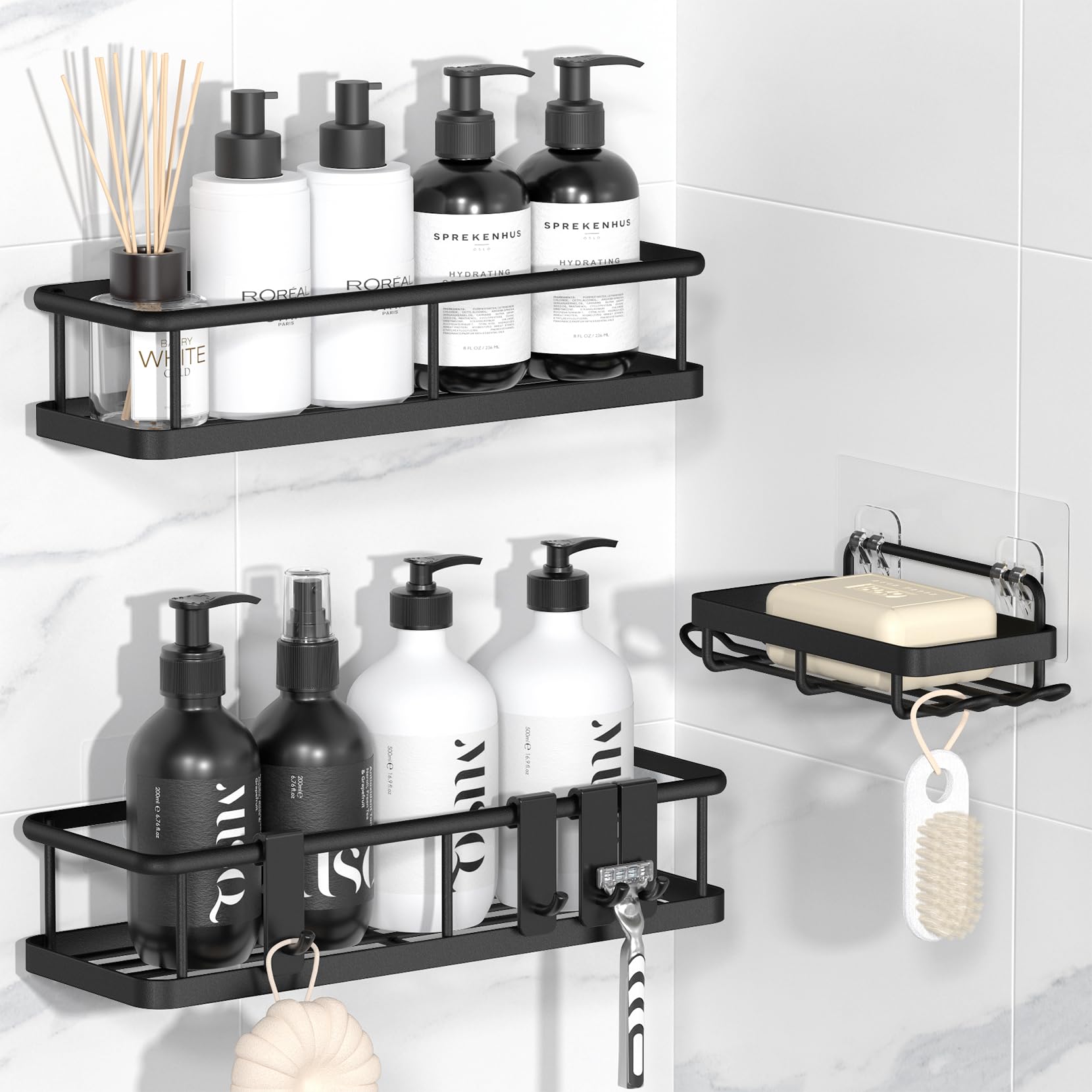**YASONIC No Drill Shower Caddy Adhesive - Rustproof Wall-Mounted Bathroom Organizer with Removable Hooks & Soap Holder (3 Pack, Black) - Perfect for Small Bathrooms, Apartments & Dorm Showers**