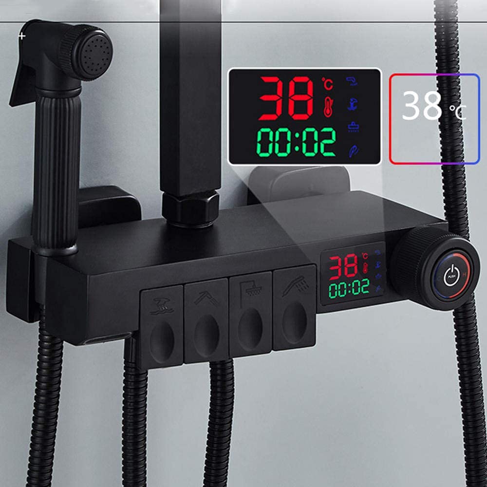 Black Thermostatic Shower Mixer Set with LED Screen Display & 10X30 cm Rain Shower Head - Chrome Bathroom Shower System with Sprayer & Shelf - Perfect for Modern Home Spa Experience