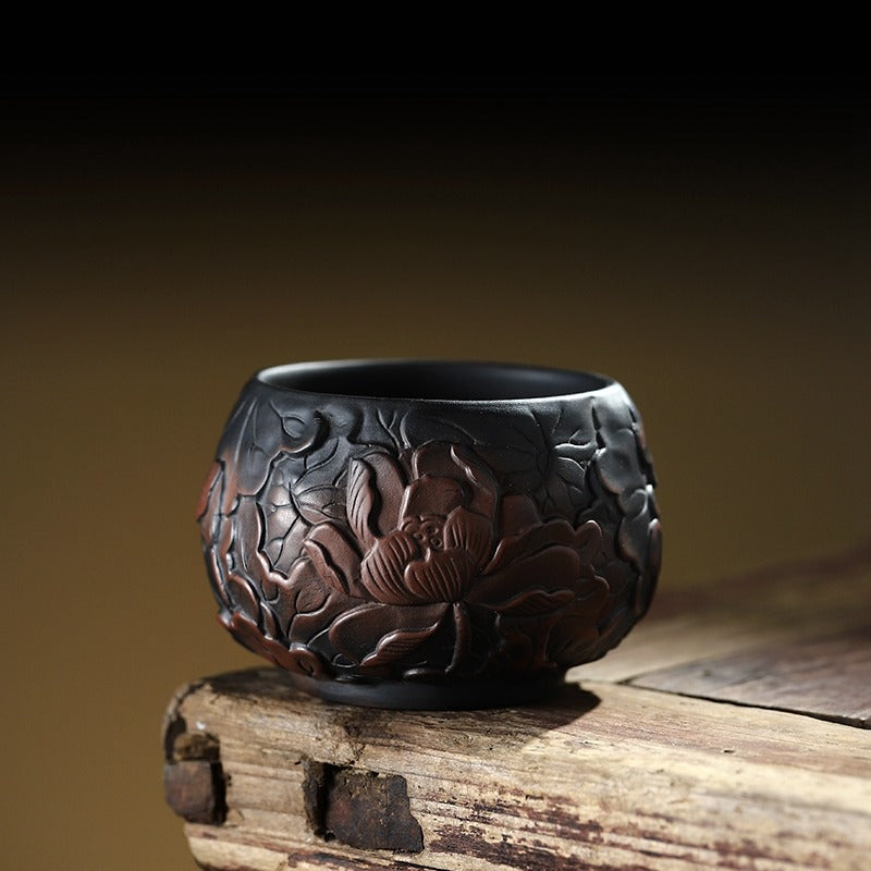 Handmade Black Pottery Relief Lotus Kung Fu Tea Cup - Traditional Chinese Ceramic Tea Set for Gongfu Tea Ceremony, Meditation & Zen Decor
