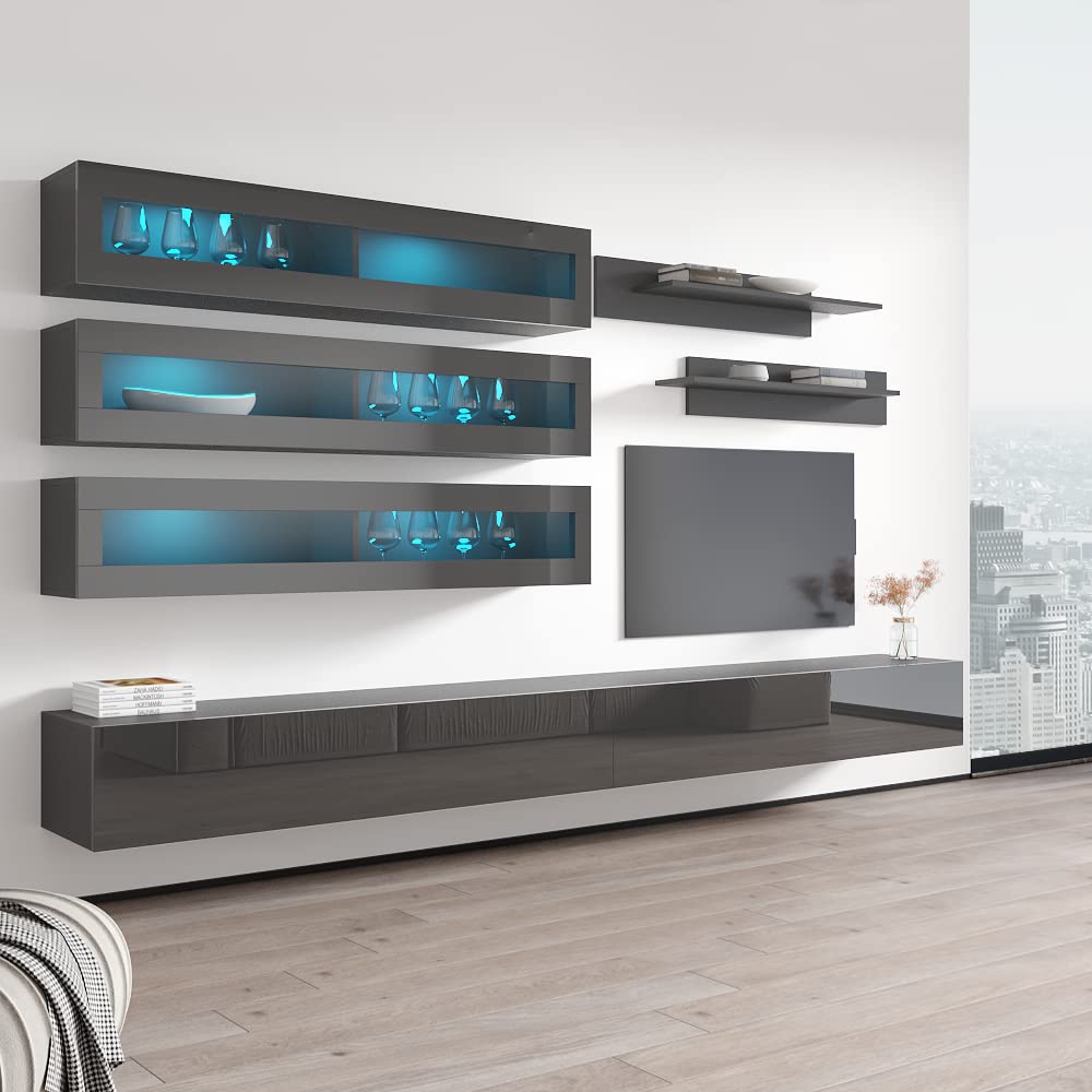 Modern Floating TV Stand with Storage & LED Lights - Wall-Mounted Entertainment Center Console for Bedroom & Living Room - 30 Inch TV Stand with Shelves - Gray - Perfect for Small Spaces & Home Theater Setup