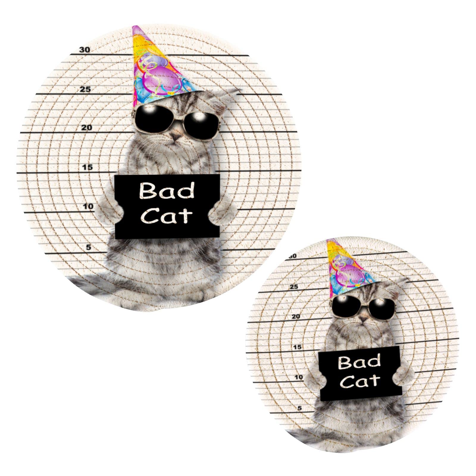Funny Bad Cat Heat Resistant Trivets Set of 2 - Cute Cotton Woven Pot Holders for Hot Pans, Bowls & Teapots - Kitchen Decor & Party Essentials for Safe Serving & Stylish Dining