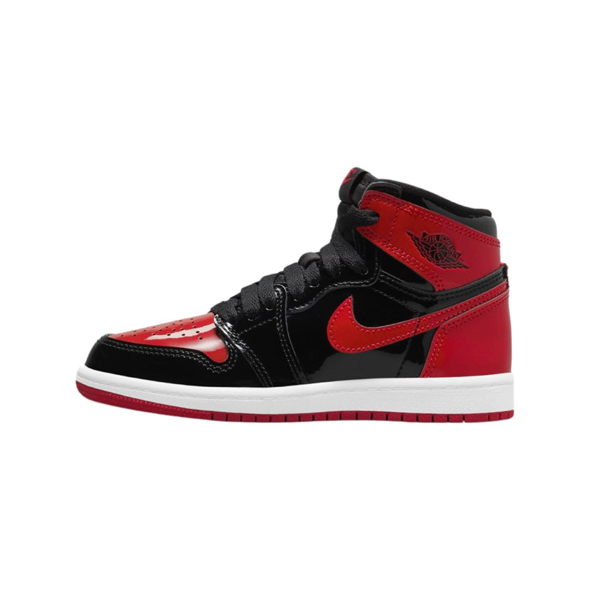 Air Jordan 1 High Retro GS Bred Patent Leather Basketball Shoes - Black/Varsity Red/White for Women & Girls - Perfect for Streetwear, Sneaker Collection & Basketball Games