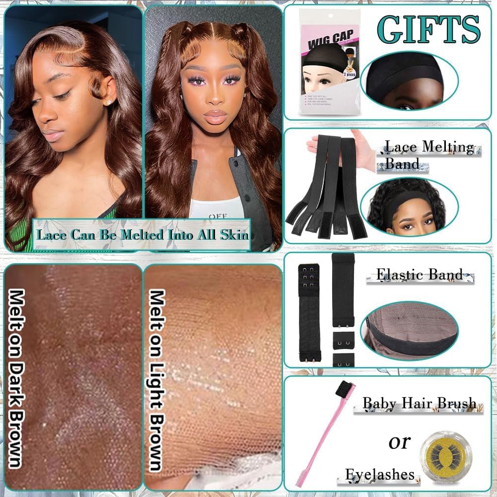 Azkiu 22 Inch Brown Body Wave Lace Front Wig - 150% Density Brazilian Virgin Human Hair with HD Transparent Lace & Pre-Plucked Baby Hair | Natural Look for Daily Wear, Cosplay & Special Occasions
