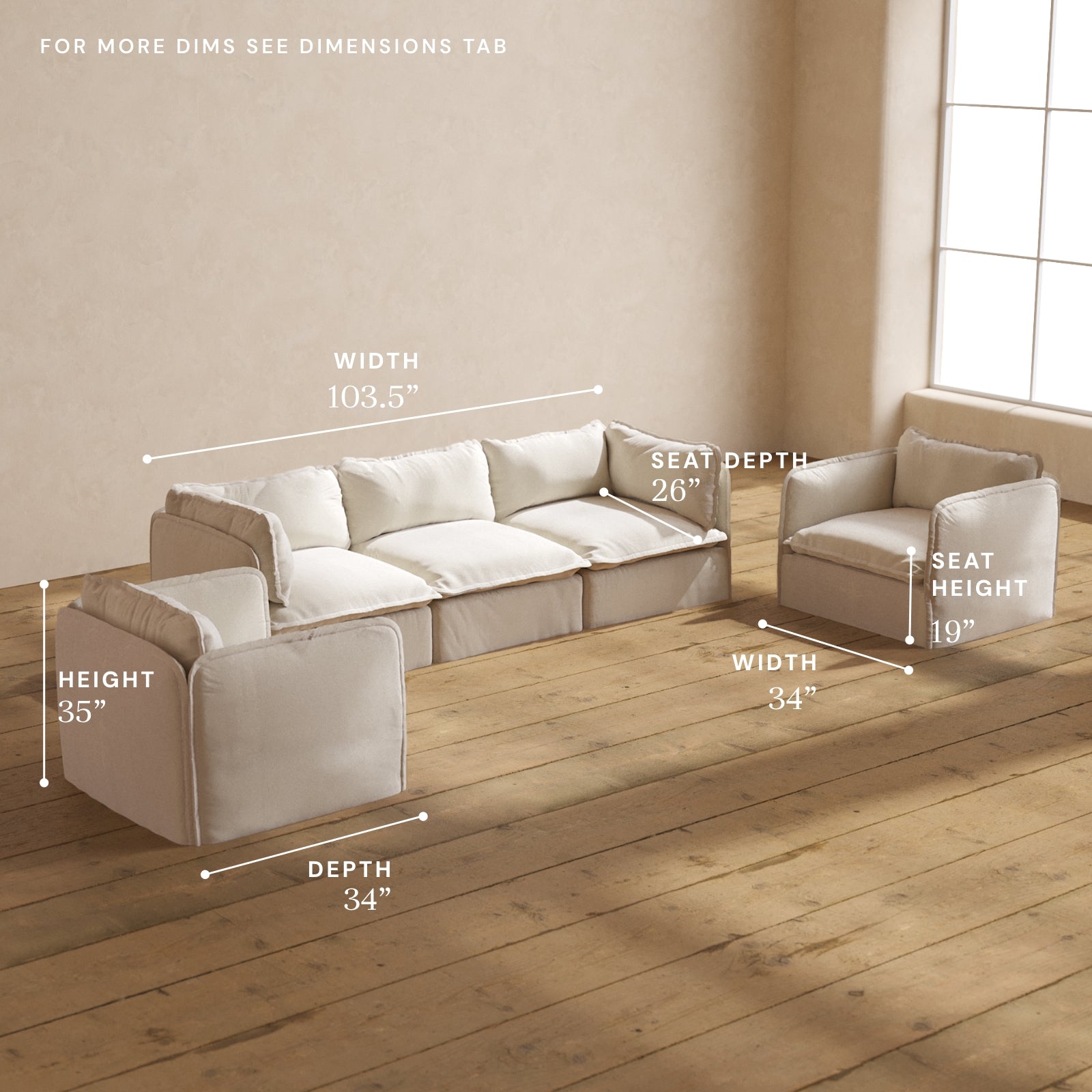 Modular Performance 3-Seater Sofa with Armchair Set in Flour Fabric | Contemporary Living Room Furniture for Small Spaces & Apartments | Perfect for Relaxing, Entertaining & Family Gatherings