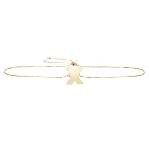 14K Solid Yellow Gold Letter A Adjustable Block Initial Bolo Friendship Bracelet with Drawstring Clasp - 9.25