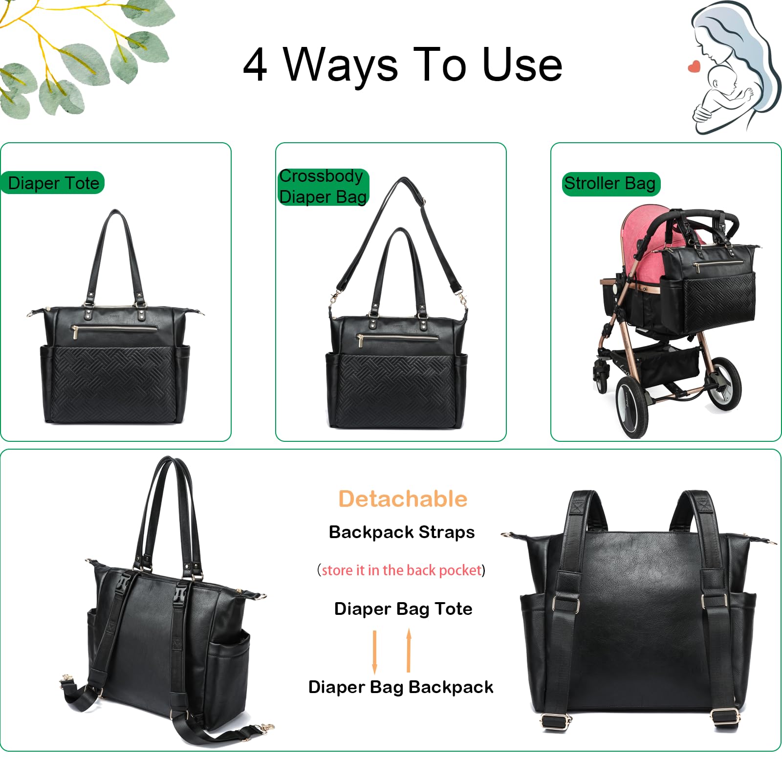 Yomiky Premium Leather Diaper Bag Backpack & Tote - Large Compartment, Multiple Pockets for Baby Essentials | Perfect for Travel, Outings & Parenting On-The-Go