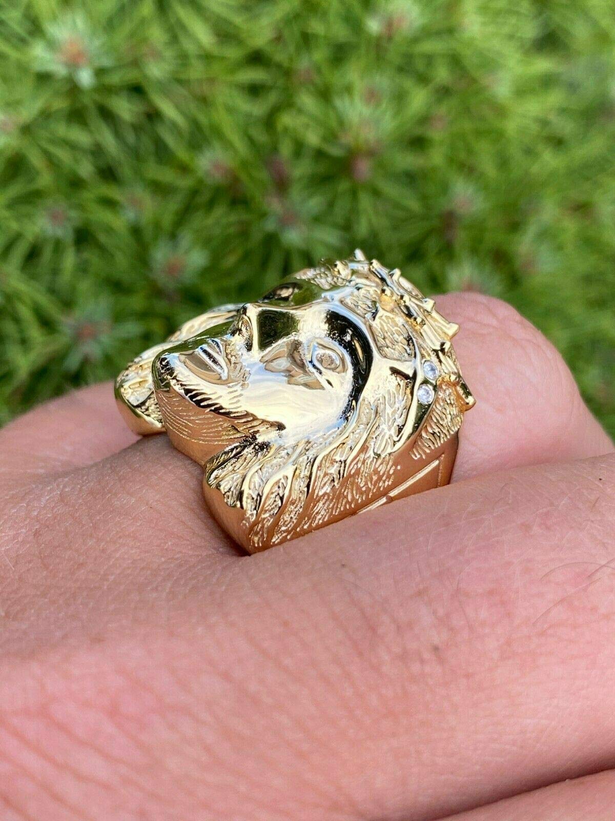 HarlemBling Solid 925 Sterling Silver Men's Jesus Ring - 14K Gold Plated Christian Cross Ring with Jesus Face - Religious Jewelry for Men - Perfect for Church, Weddings & Daily Wear