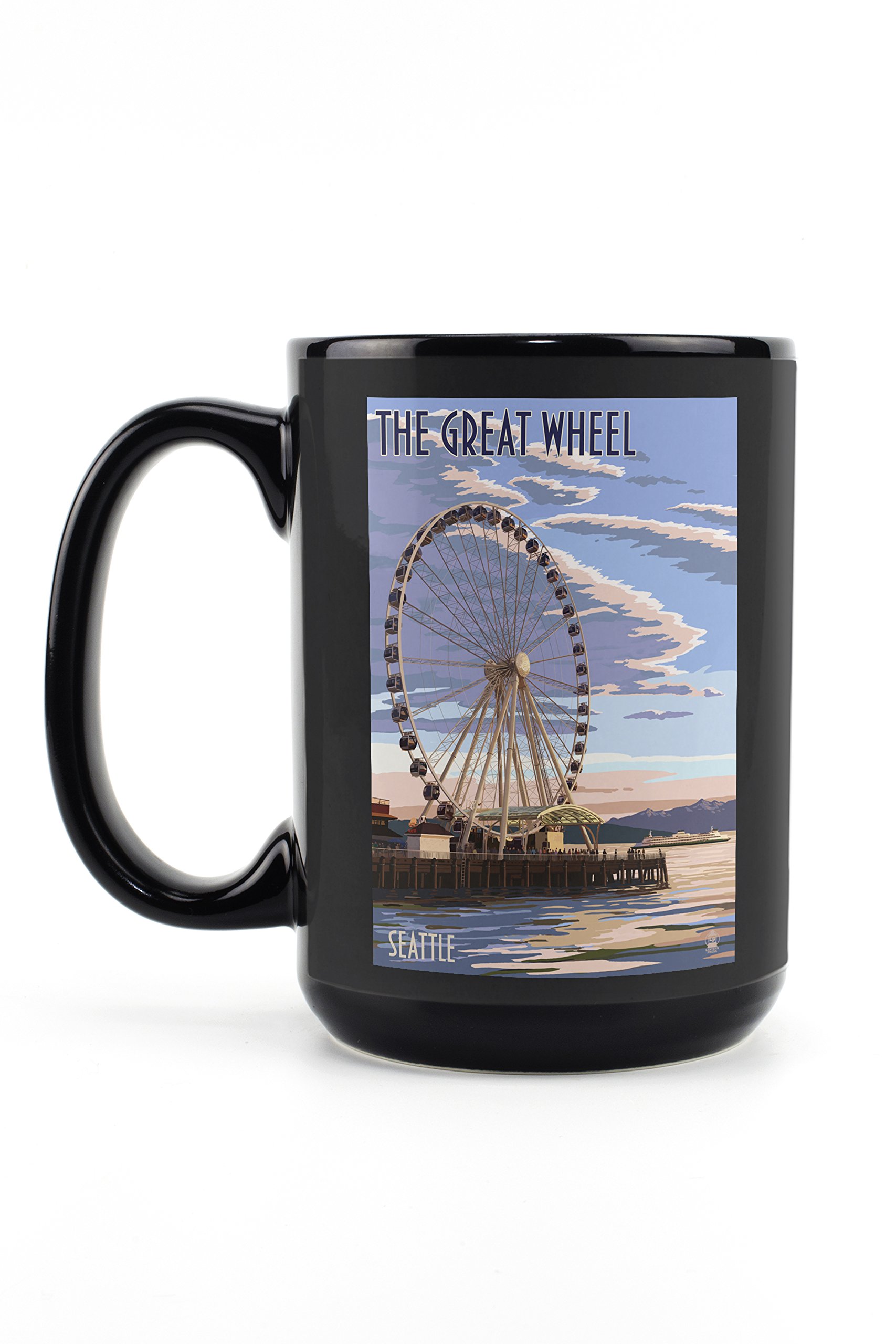 Lantern Press Seattle Washington The Great Wheel at Sunset - 15oz Black Ceramic Coffee Mug & Tea Cup | Dishwasher & Microwave Safe | Perfect for Home, Office & Gifts