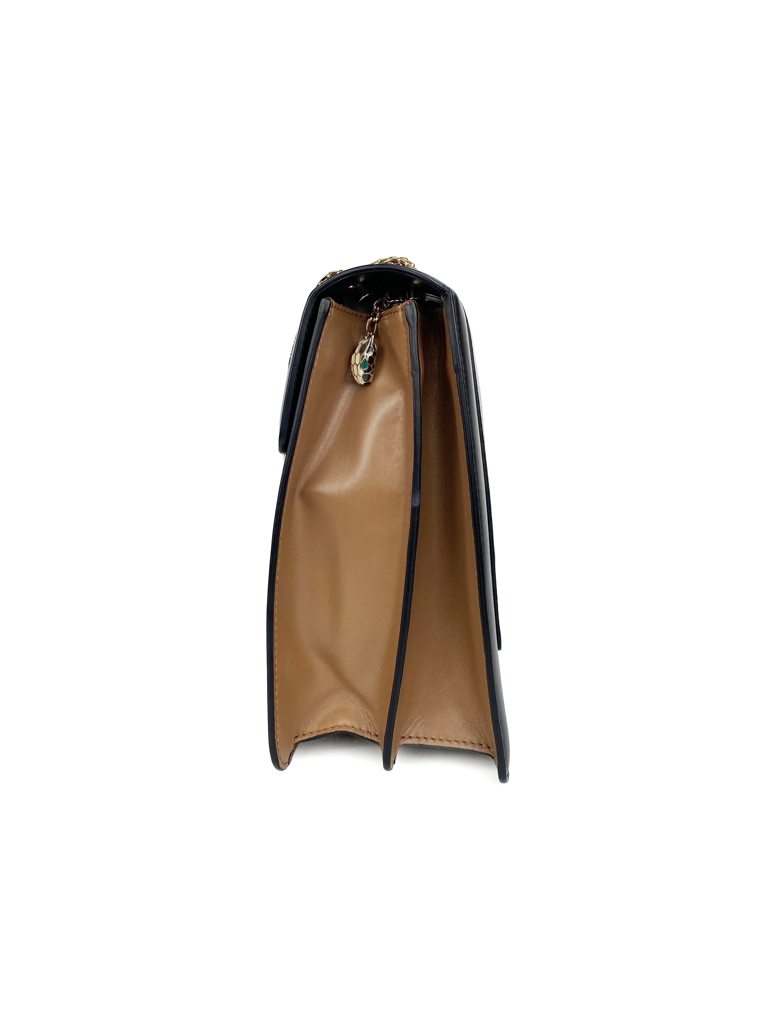 Bvlgari Serpenti Black & Tan Two-Tone Leather Shoulder Bag - Luxury Designer Handbag for Women, Perfect for Evening Events & Parties