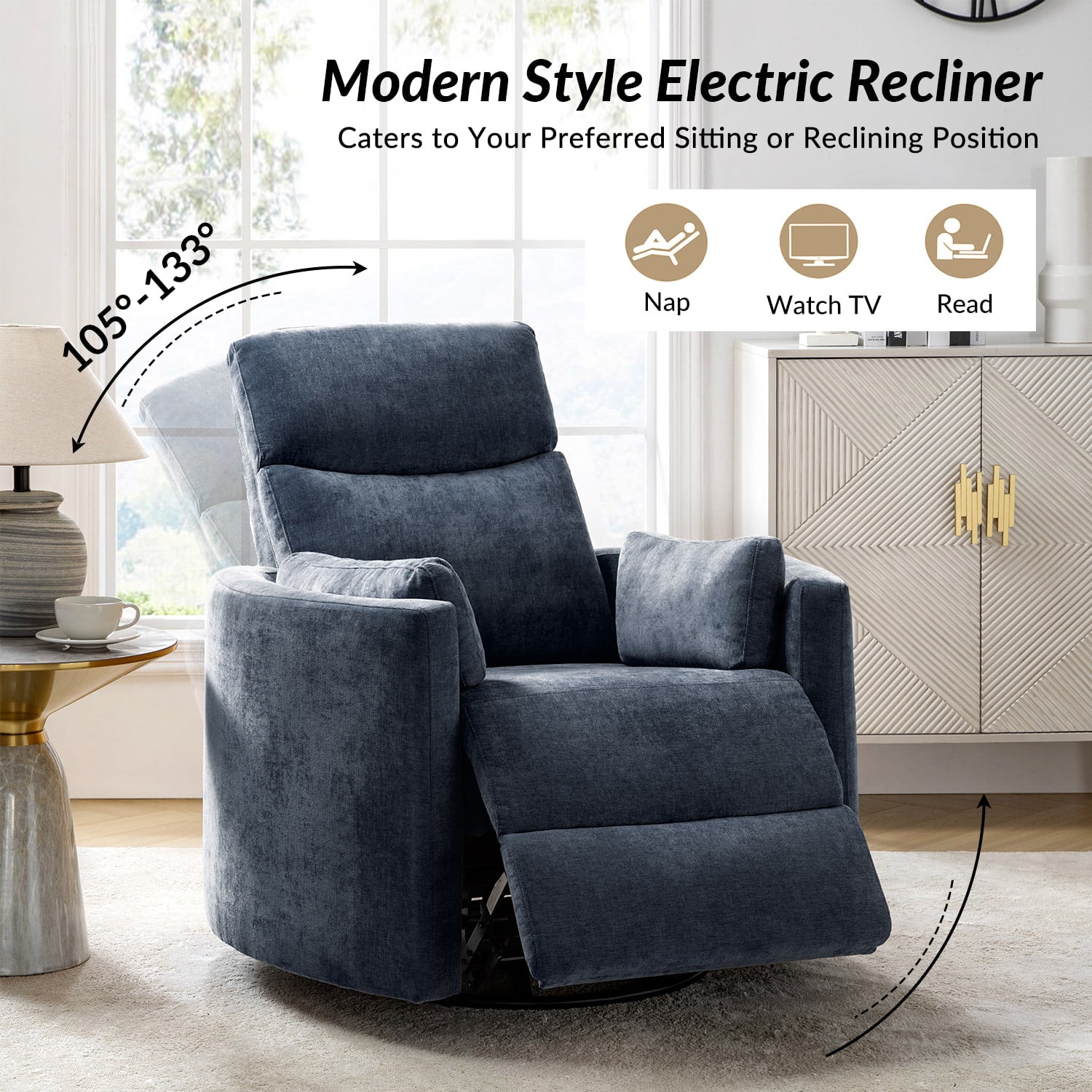 Monica Swivel Rocker Power Recliner Chair with Adjustable Headrest & Lumbar Support - Optional Removable Pillows - Perfect for Living Room, Home Theater & Relaxation