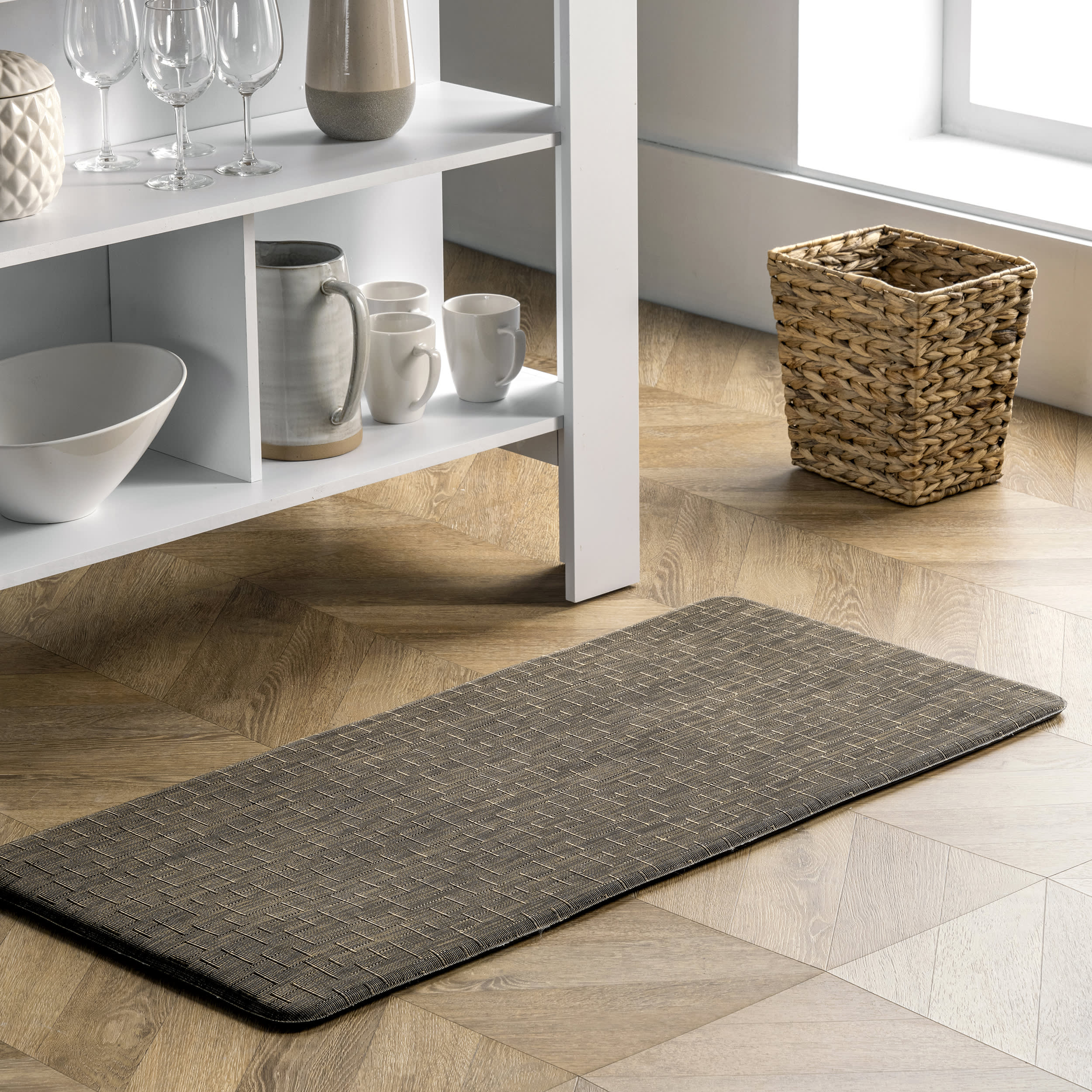 Premium Crosshatched Woven Anti-Fatigue Kitchen Mat - Black | Non-Slip Comfort Floor Mat for Standing Work, Cooking & Home Office Use