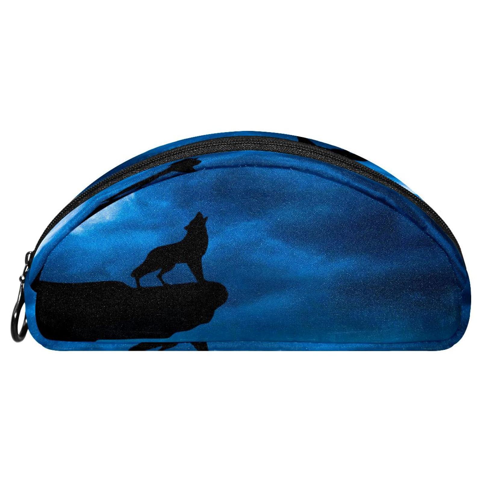 Wolf & Moonlight Animal Print Pencil Case - Black & Blue Semicircle Stationery Pen Bag, Cosmetic Pouch for Women & Girls - Perfect for School, Office & Travel Accessories Organization