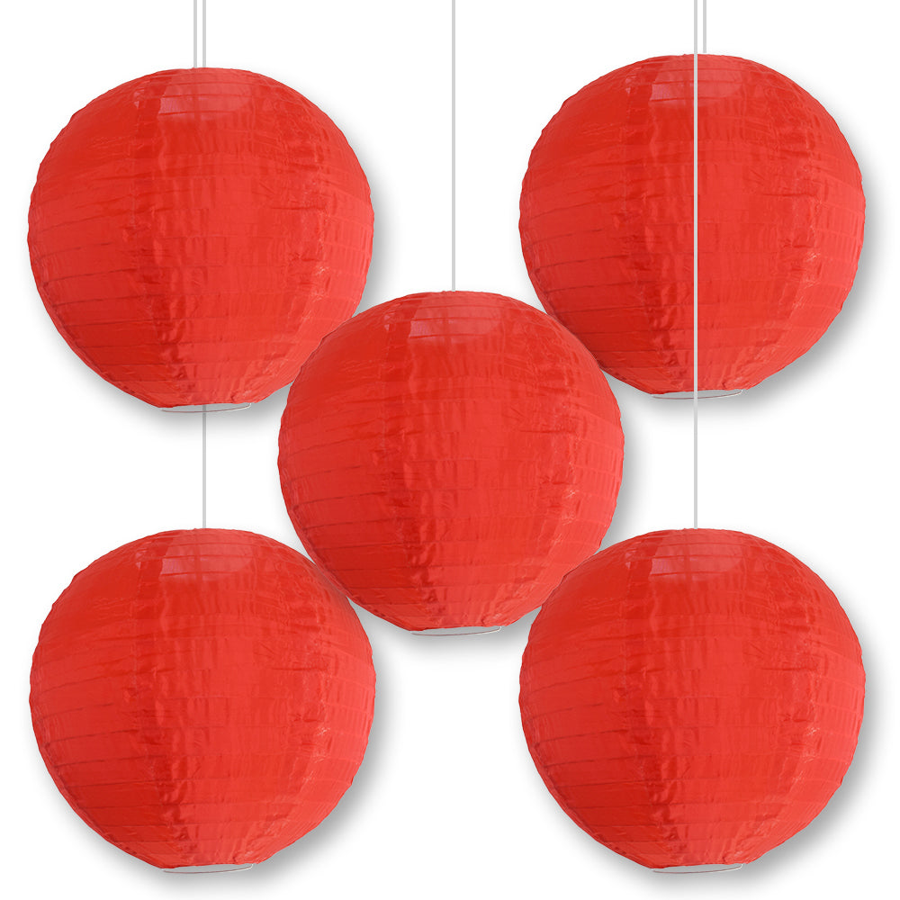 5 Pack 14 Inch Red Shimmering Nylon Lanterns - Durable Parallel Ribbing Design - Perfect for Indoor/Outdoor Party Decorations, Weddings, and Festive Events