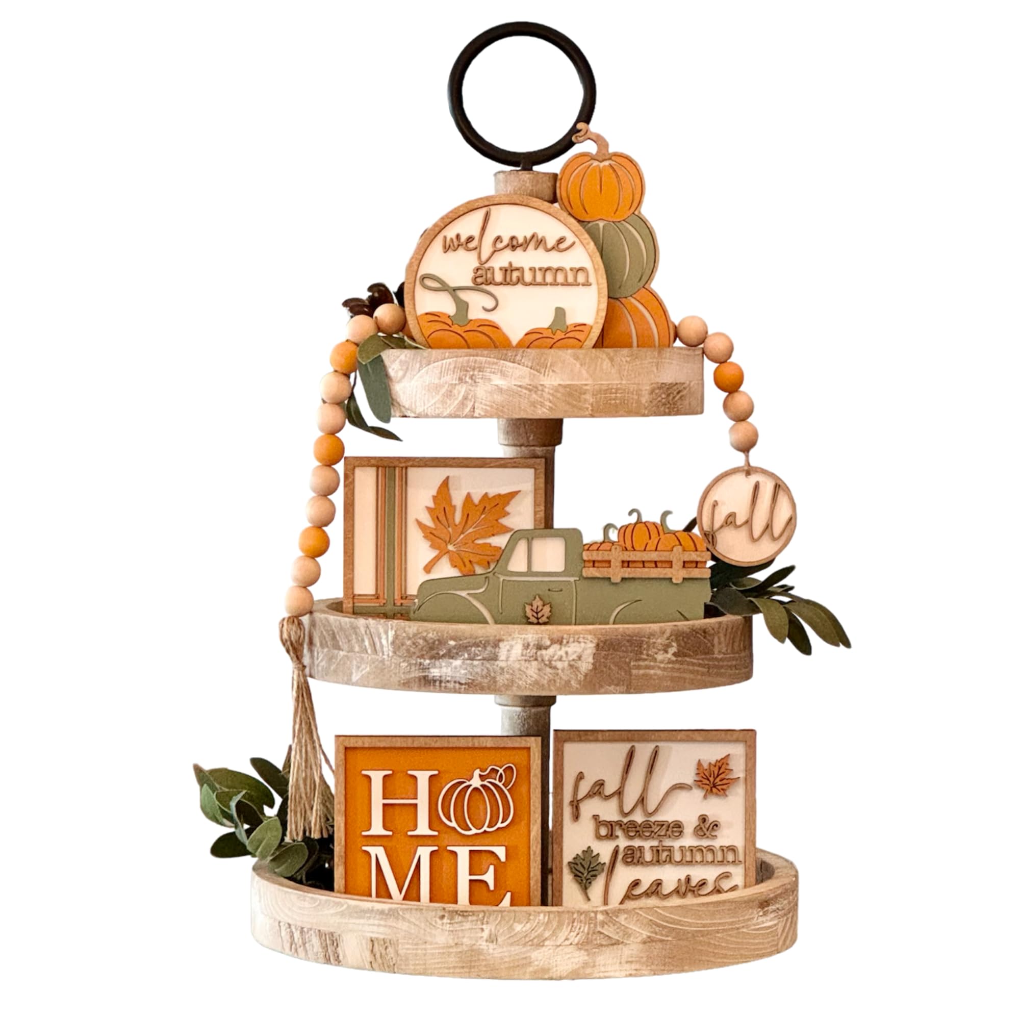 7-Piece Autumn Tiered Tray Decor Set - Fall Themed Home Decor Bundle with Pumpkin, Leaves & Acorn Designs for Thanksgiving, Halloween, and Seasonal Table Centerpieces | Perfect for Coffee Tables, Kitchen Countertops, and Entryway Displays