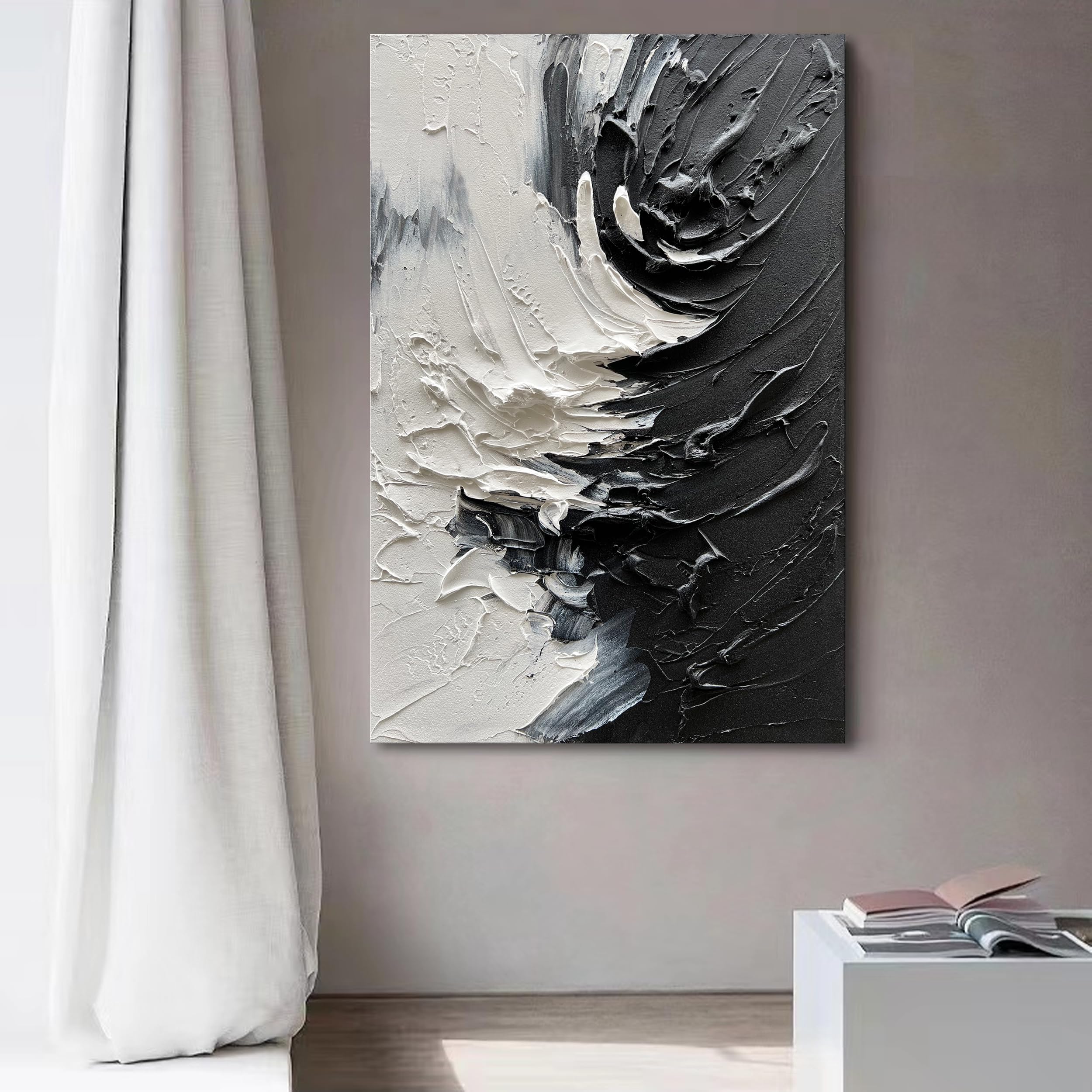Hand-Painted Black and White Minimalist Oil Painting - 36x24 Inches Thick Texture Canvas Wall Art for Living Room, Bedroom & Office Decor | NANKAI Art