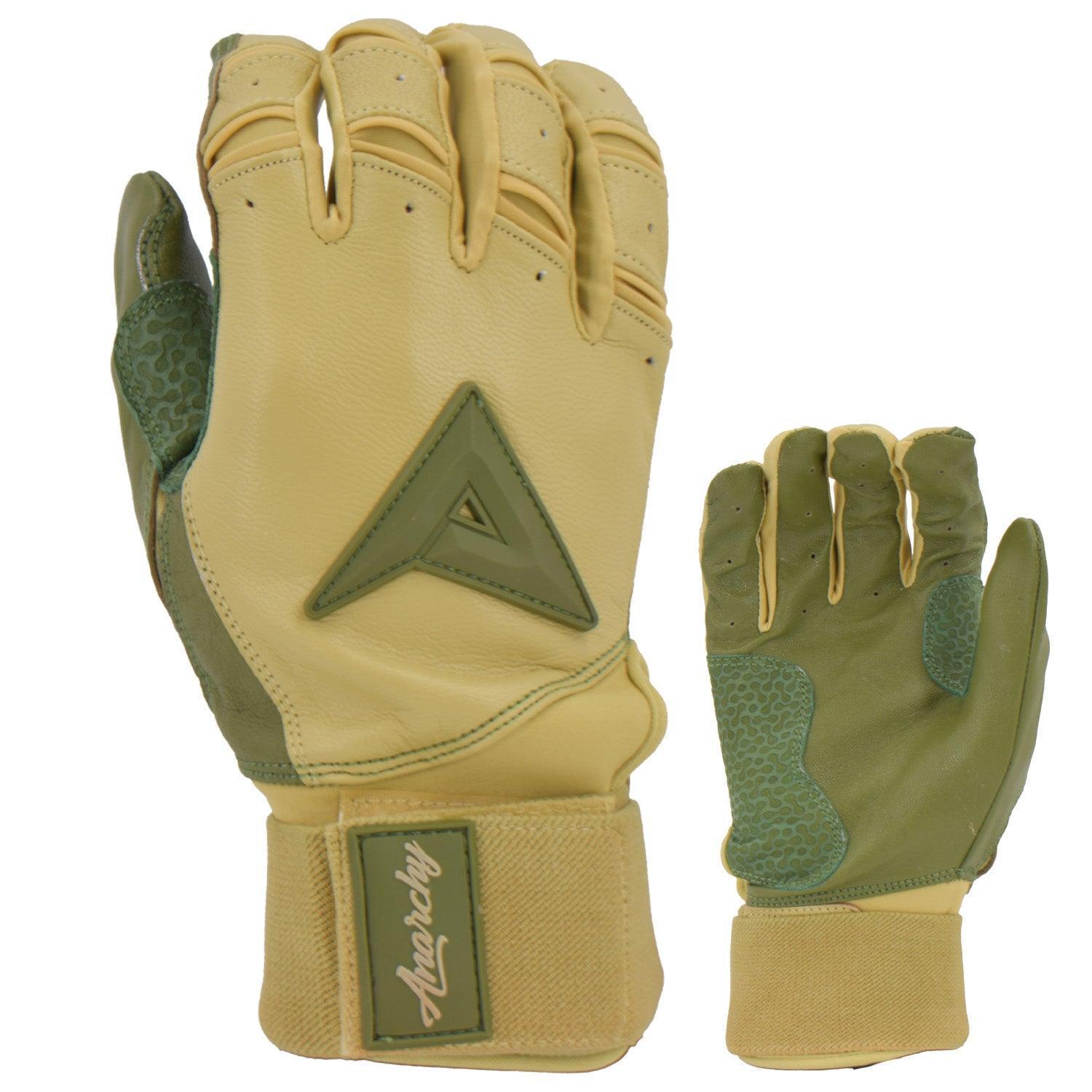 Anarchy Grindstone Long Cuff Batting Gloves - Tan/Olive Green - Baseball & Softball Training Gloves for Hitting & Fielding Practice