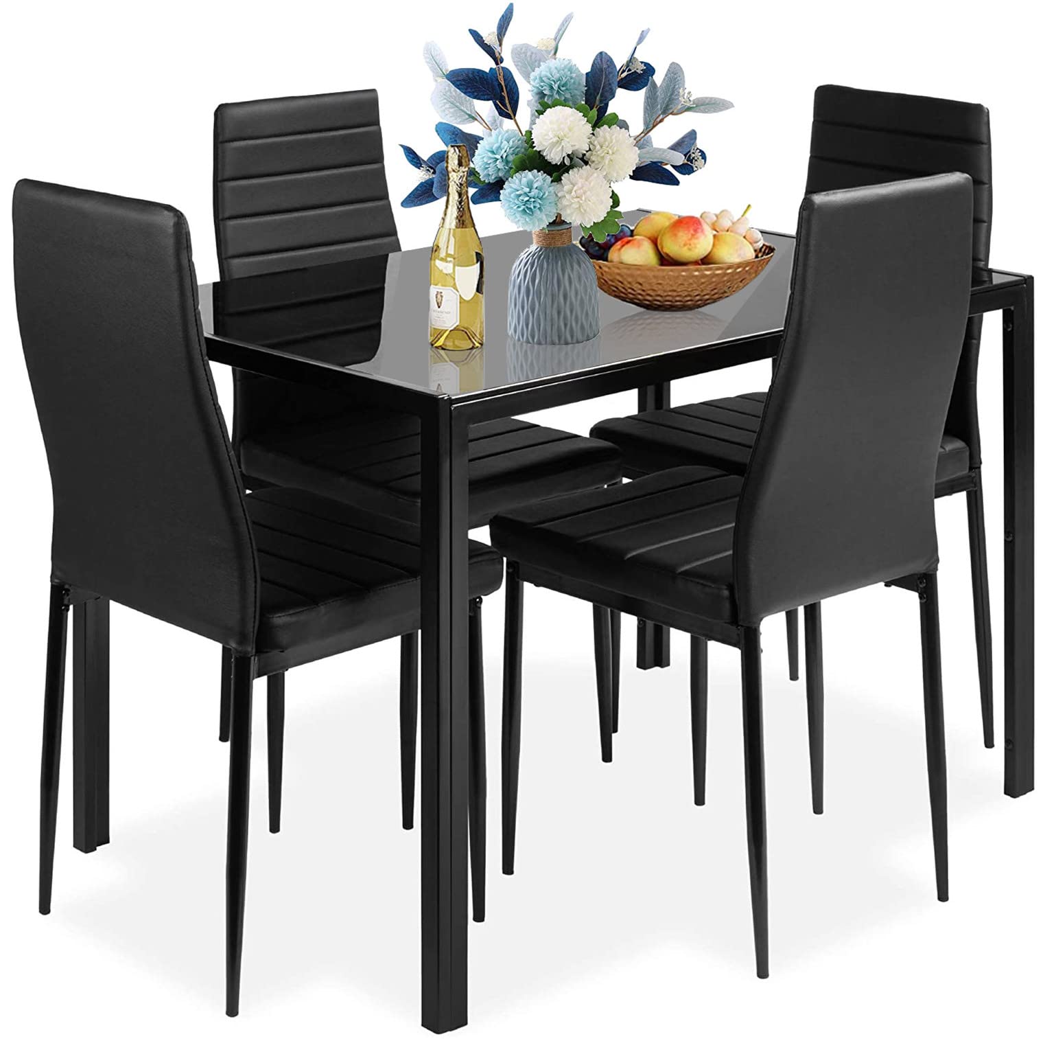 5-Piece Black Dining Table Set for 4 with Tempered Glass Top & Faux Leather Chairs - Space-Saving Kitchen Furniture for Small Apartments, Breakfast Nooks & Cozy Dining Areas