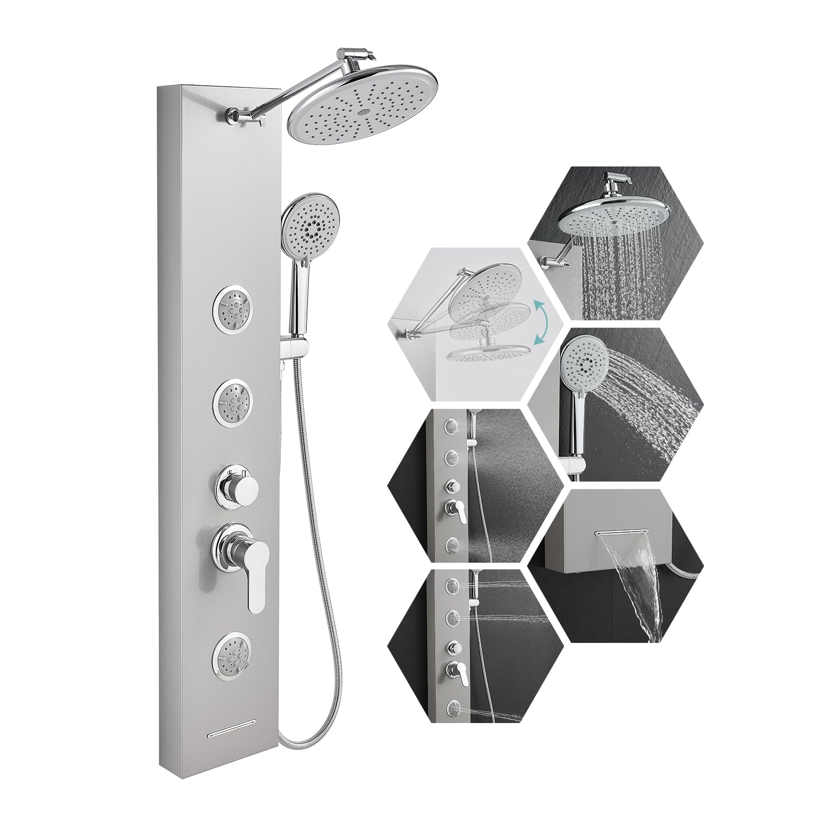 Premium Stainless Steel Shower Panel System - 5-Function Adjustable Handheld Shower Head with 2-Setting Body Jets & Self-Cleaning Nozzles | Brushed Nickel Finish for Bathroom & Spa Relaxation
