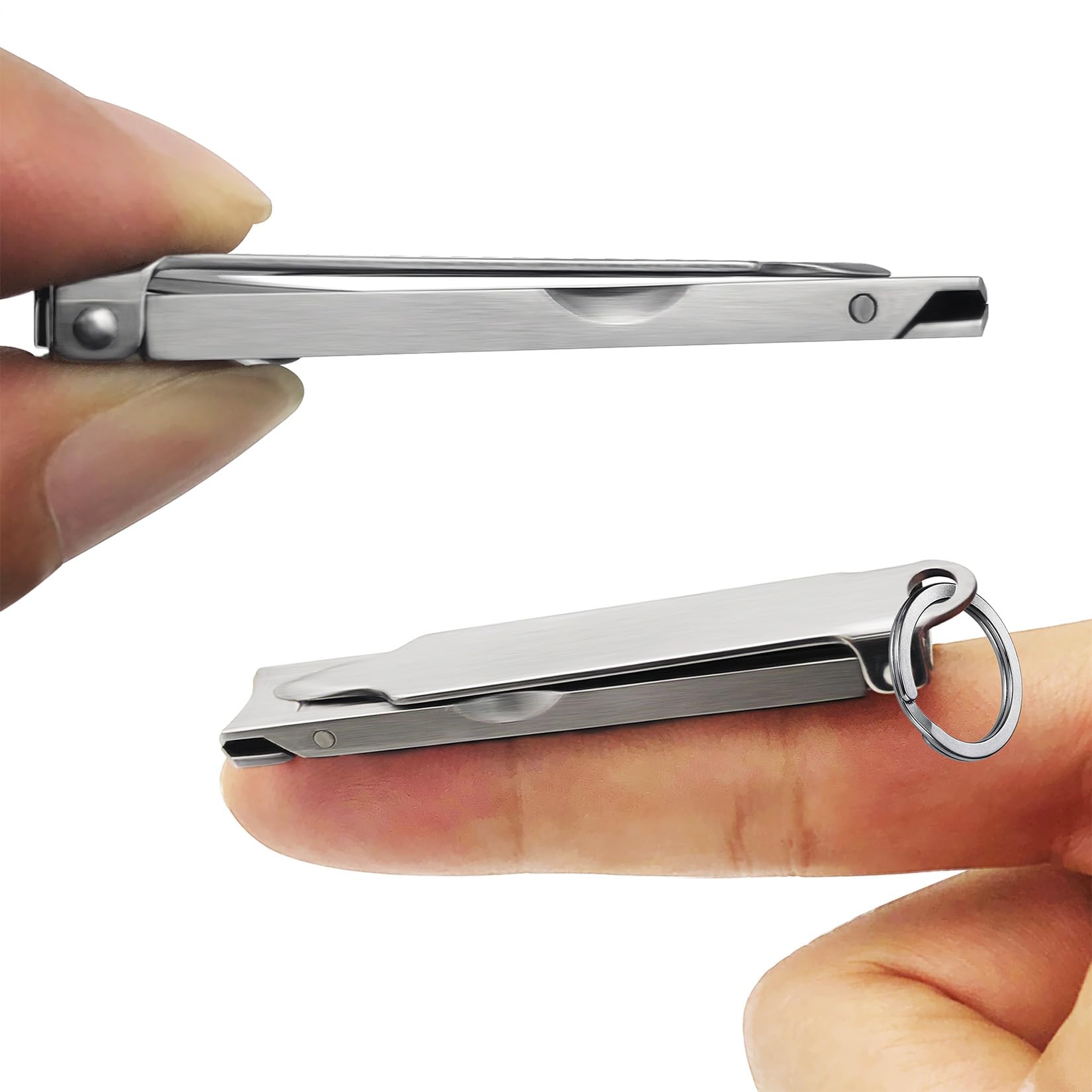 Ultra Thin Portable Fingernail Clipper - Small Pocket Folding Nail Clippers with Keychain, Wide Jaw Cutter & Curved Trimmer - Flip Open Brushed Finish for Travel, Home, Office & Daily Grooming (Small-Brushed)