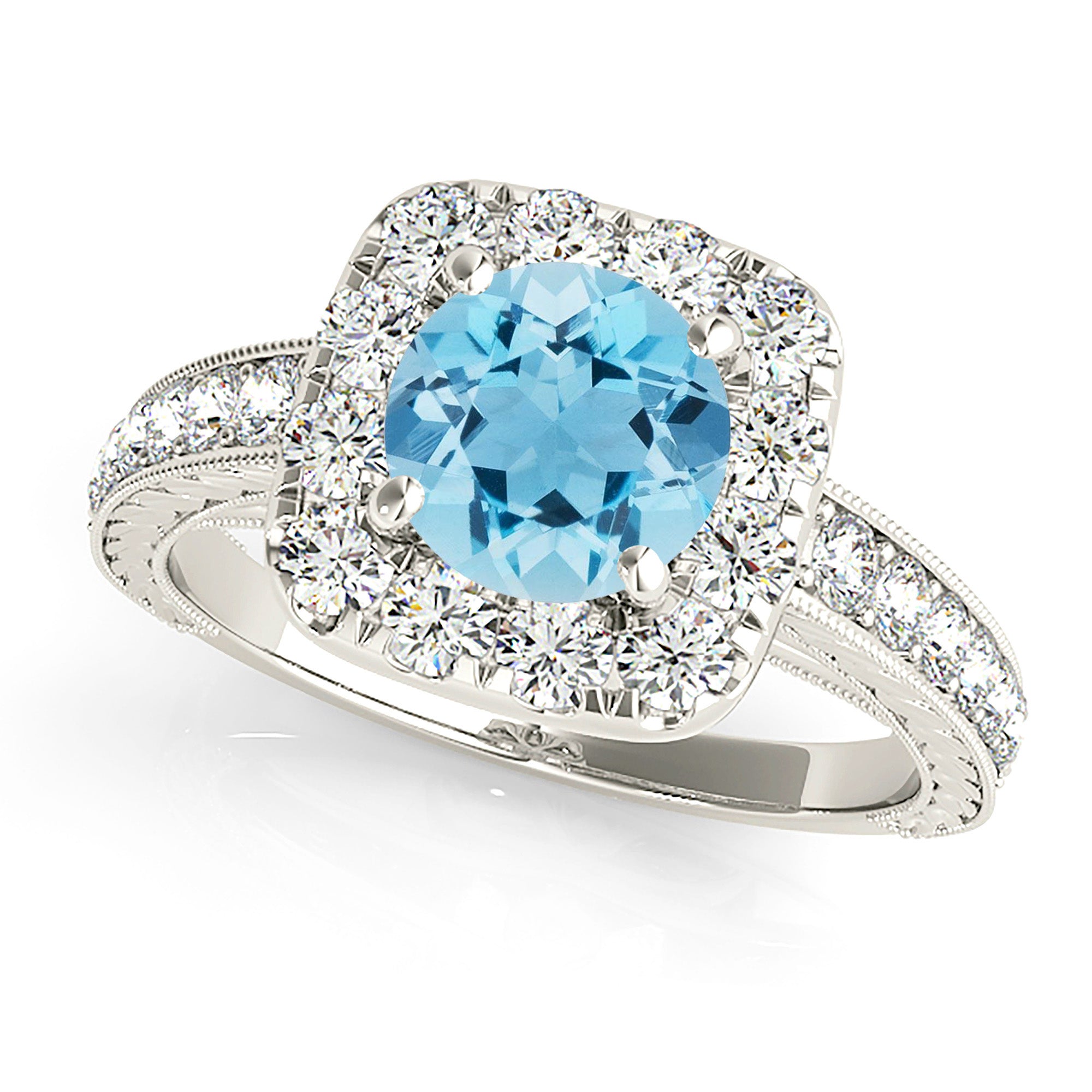 2.00 Carat Genuine Aquamarine Engagement Ring with Cushion Halo & Milgrain Diamond Band - Elegant Wedding, Anniversary & Gift Jewelry for Women