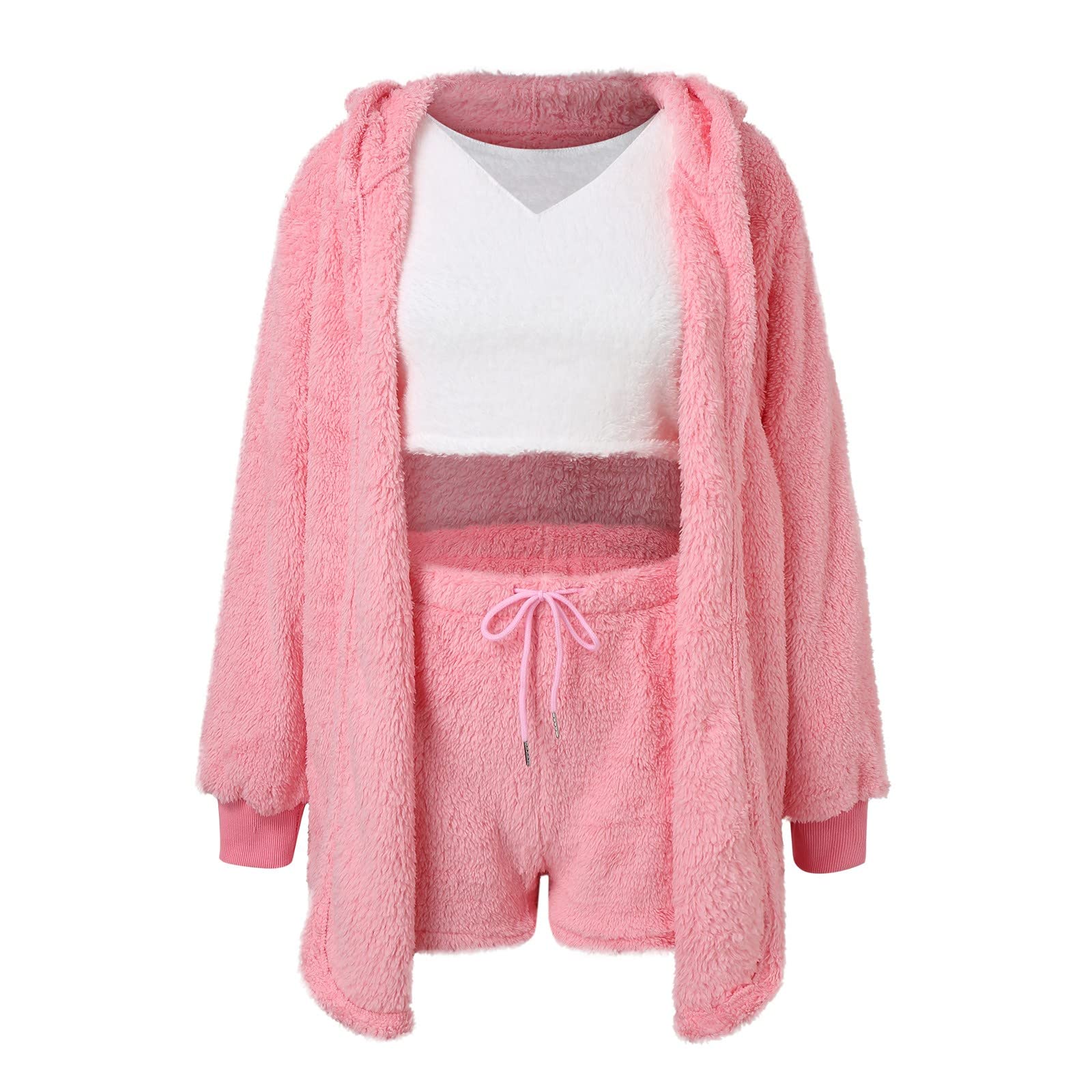Youeneom Women's Fuzzy Cardigan Vest Shorts Set - Soft Loungewear & Sleepwear Pajamas (Pink, XL) | Cozy Home Wear for Relaxing & Sleeping