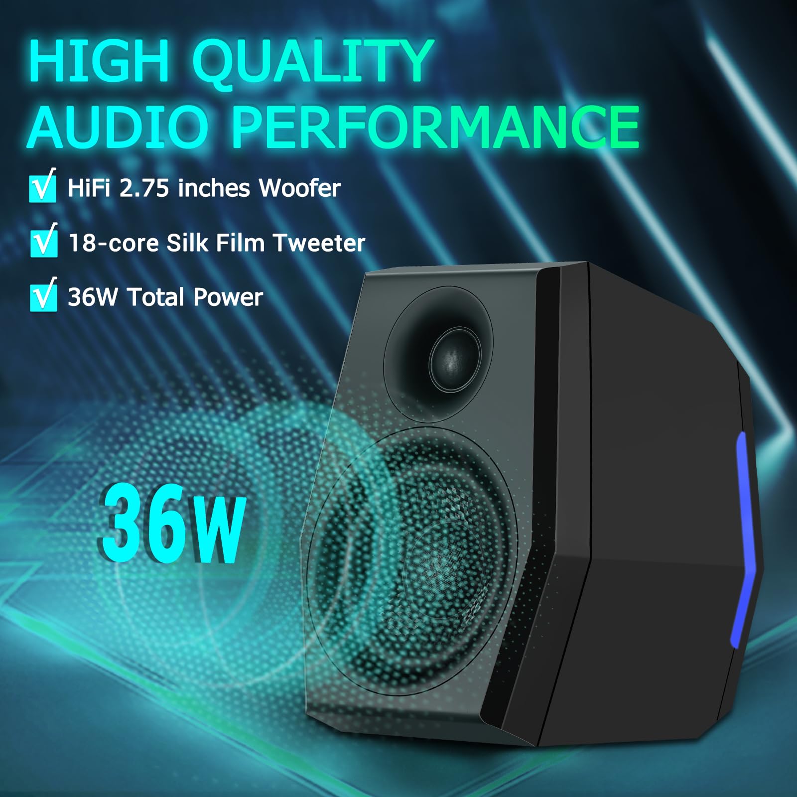Sanyun SW209 36W PC Gaming Speakers with Built-in 24bit DAC - USB/Bluetooth/Aux Input - 3 EQ Sound Modes - RGB Lighting - for Desktop, Laptop, Mac, Monitor (Black) | Perfect for Gaming, Music, Movies & Home Office Setup