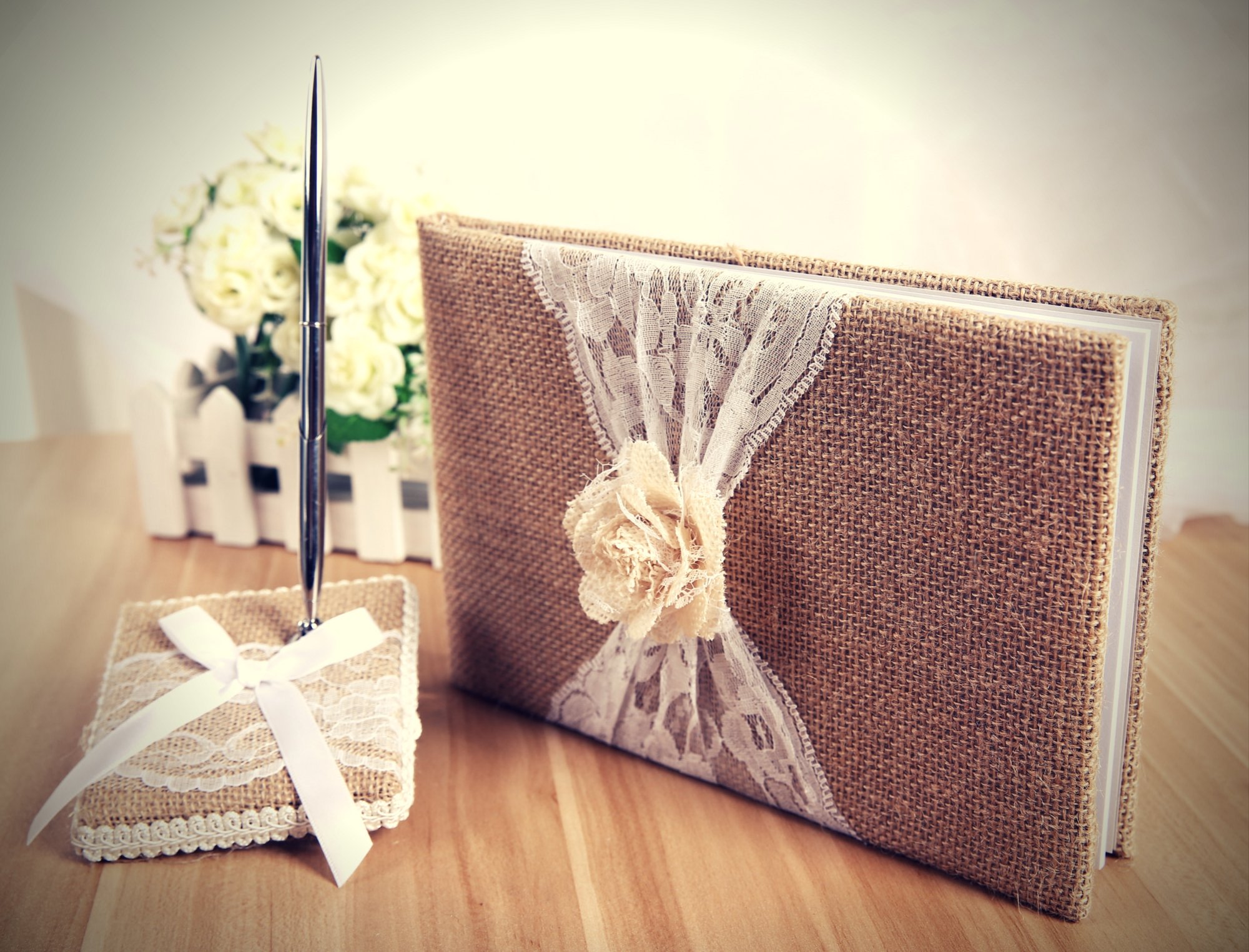 Elegant Rustic Wedding Guest Book with Burlap & Lace Cover - Includes Burlap Pen Holder & Silver Pen - 120 Lined Pages for Guest Messages - Comes in Gift Box (White Rose) - Perfect for Weddings, Anniversaries & Special Events