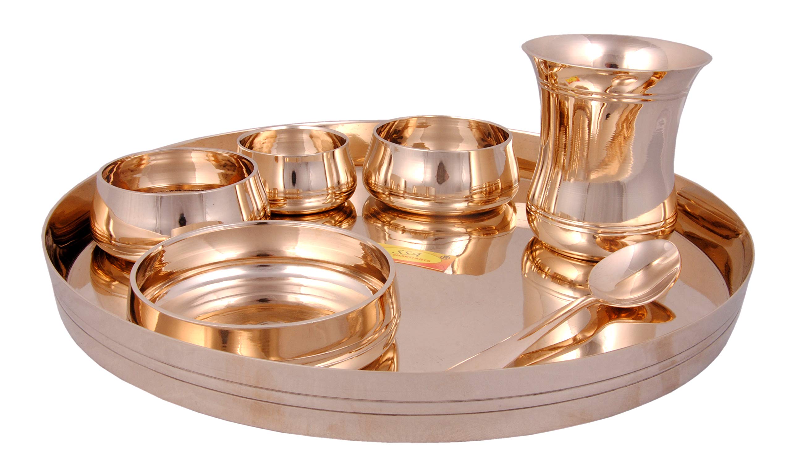 Shiv Shakti Arts® Premium 7-Piece Pure Bronze Kansa Thali Dinner Set in Gold - Luxury Ayurvedic Metal Dining Plates for Healthy Eating & Traditional Indian Meals - Perfect for Home Dining, Festivals & Wedding Gifts