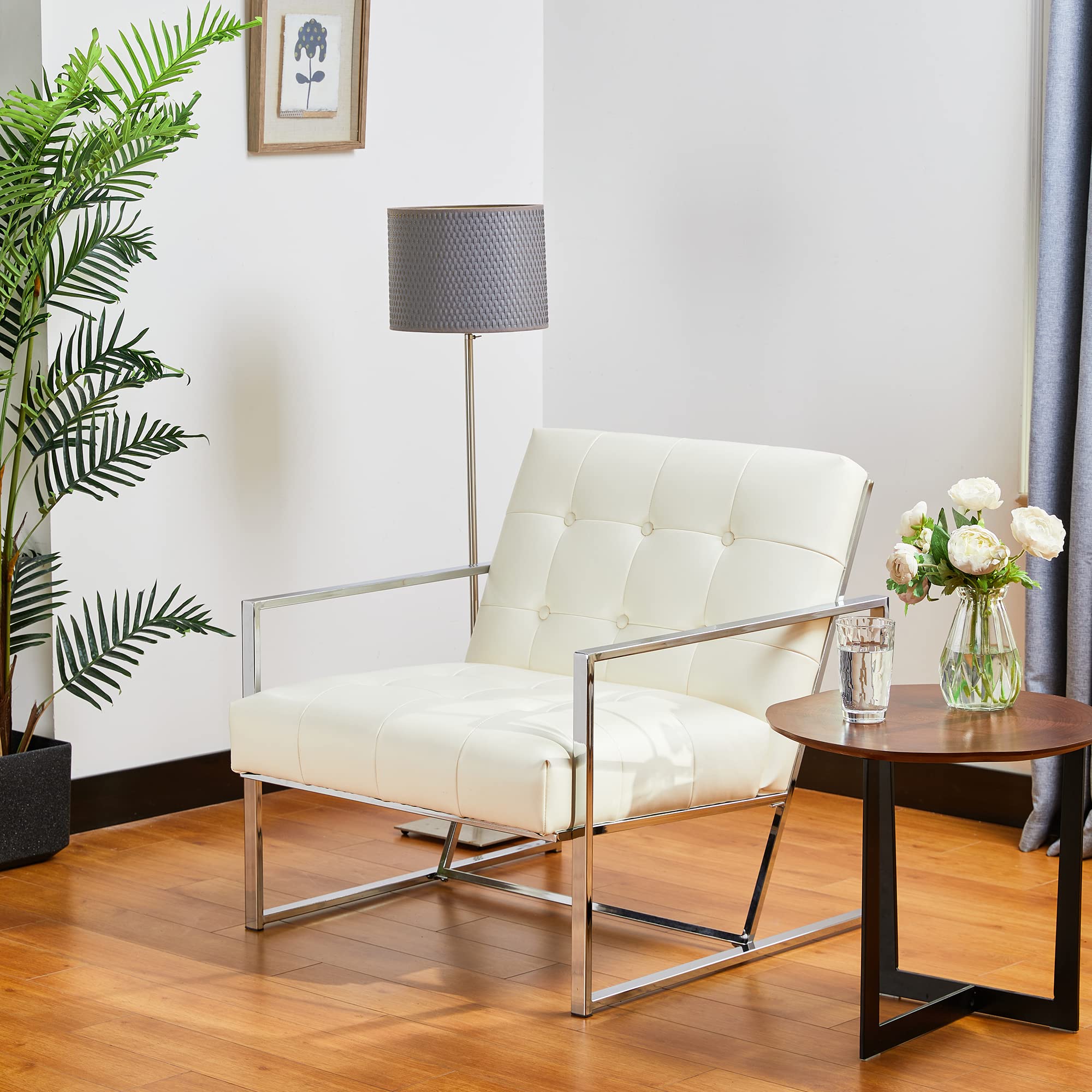 Glitzhome Mid Century Modern Accent Chair - Durable Metal Frame & PU Leather Cushioned Armchair for Living Room, Bedroom, Home Office - Off White | Perfect for Reading Nooks, Lounge Areas & Contemporary Decor