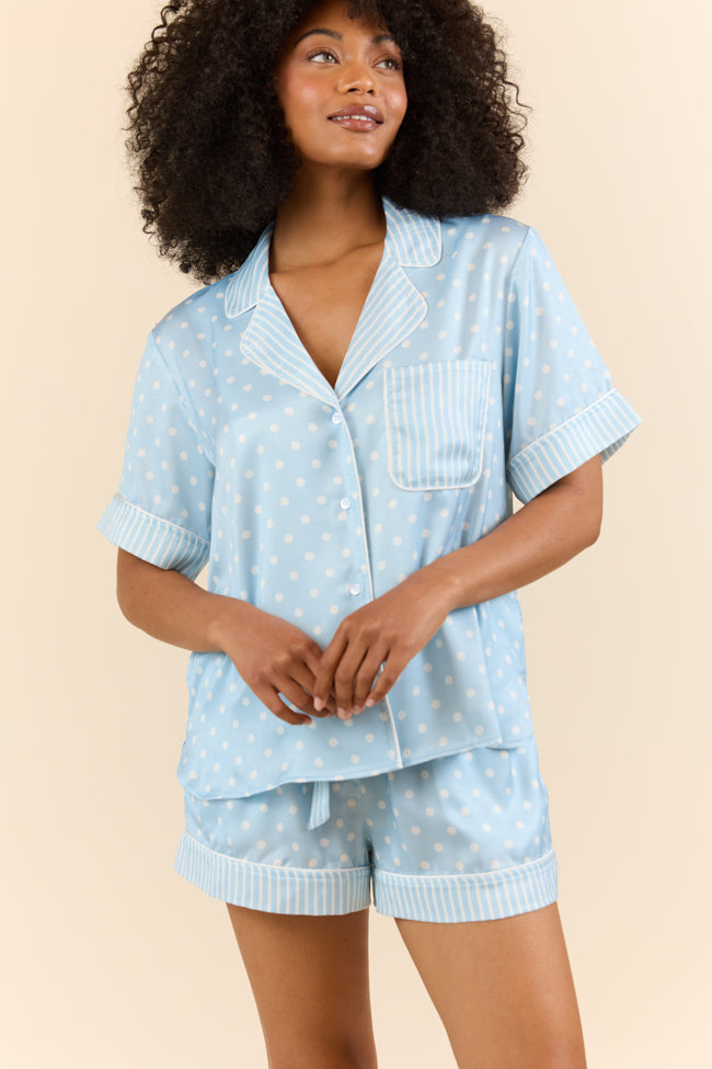 Blue Polka Dot Satin Pajama Top for Women - Soft Sleepwear & Loungewear - Comfortable Night Shirt for Relaxing at Home or Sleepovers
